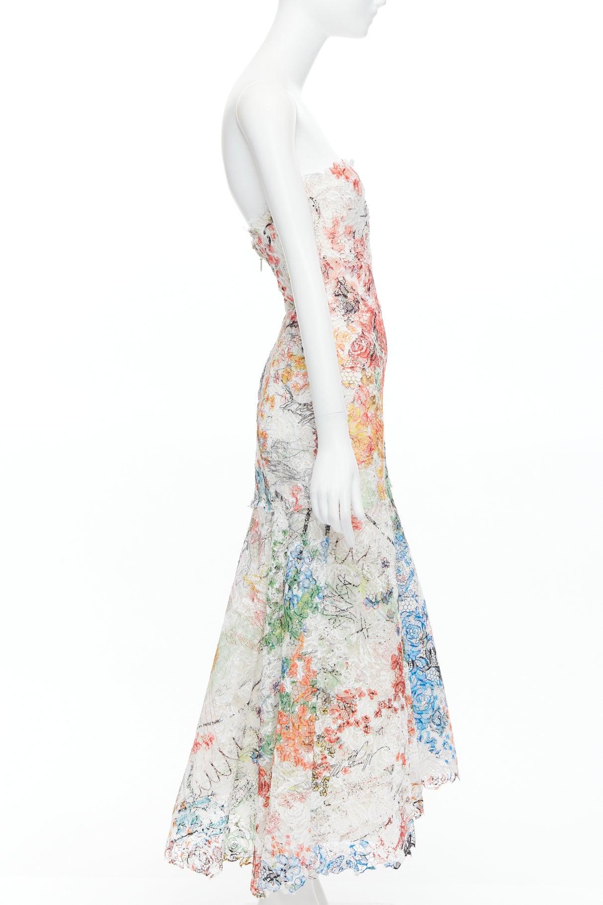 MONIQUE LHUILLIER Runway scribble print lace  lace strapless midi dress US8 M In Excellent Condition For Sale In Hong Kong, NT