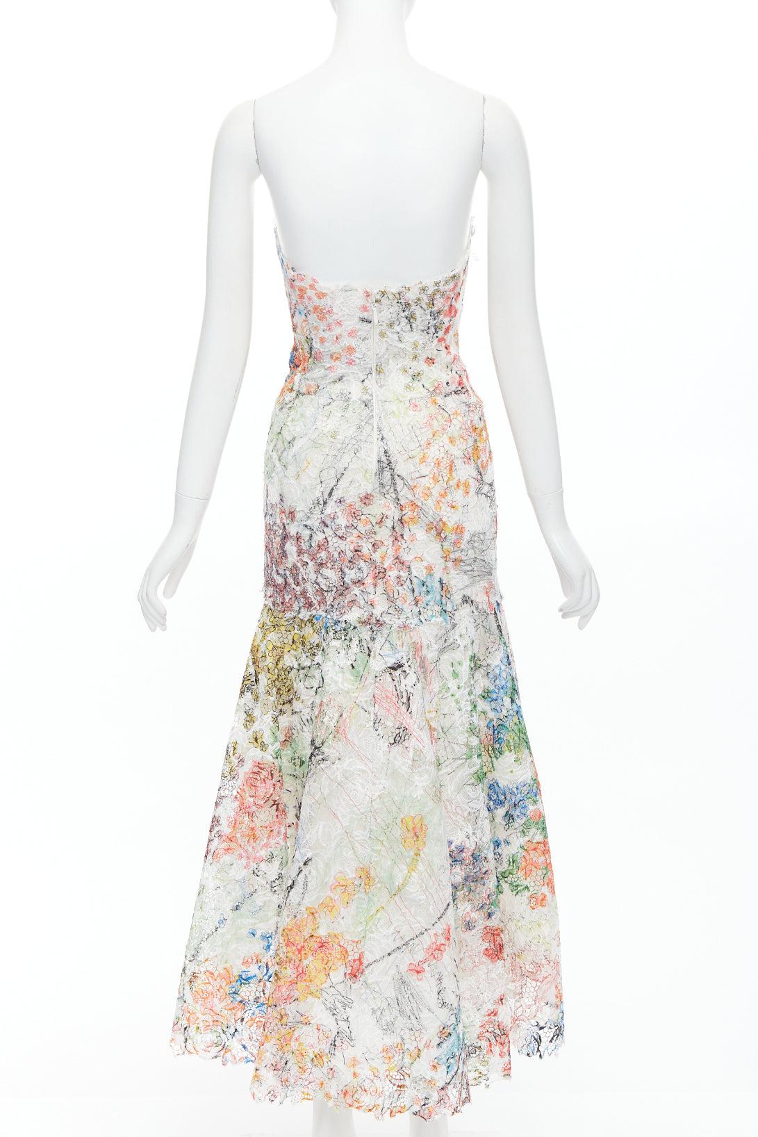 Women's MONIQUE LHUILLIER Runway scribble print lace  lace strapless midi dress US8 M For Sale