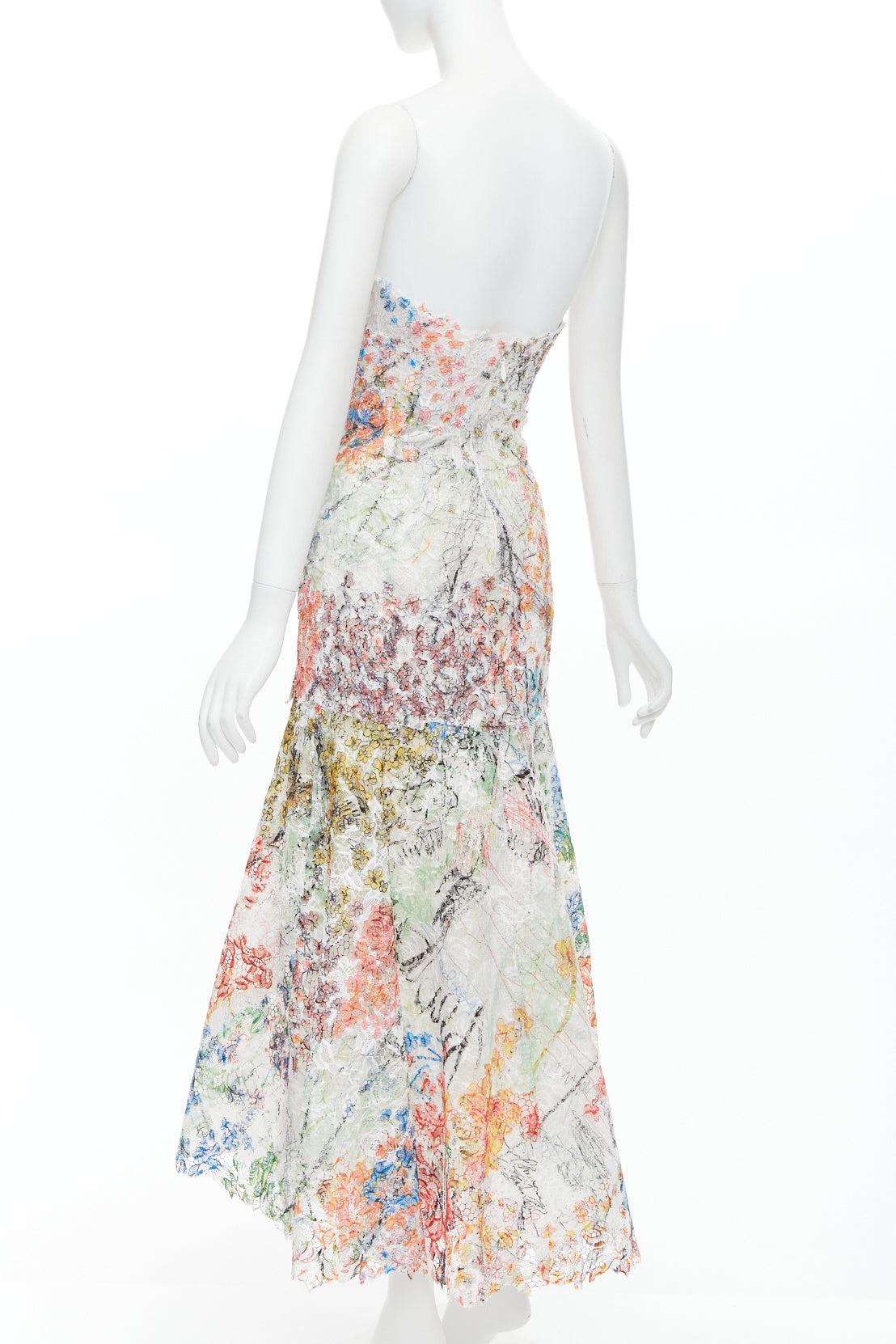 MONIQUE LHUILLIER Runway scribble print lace  lace strapless midi dress US8 M For Sale 1
