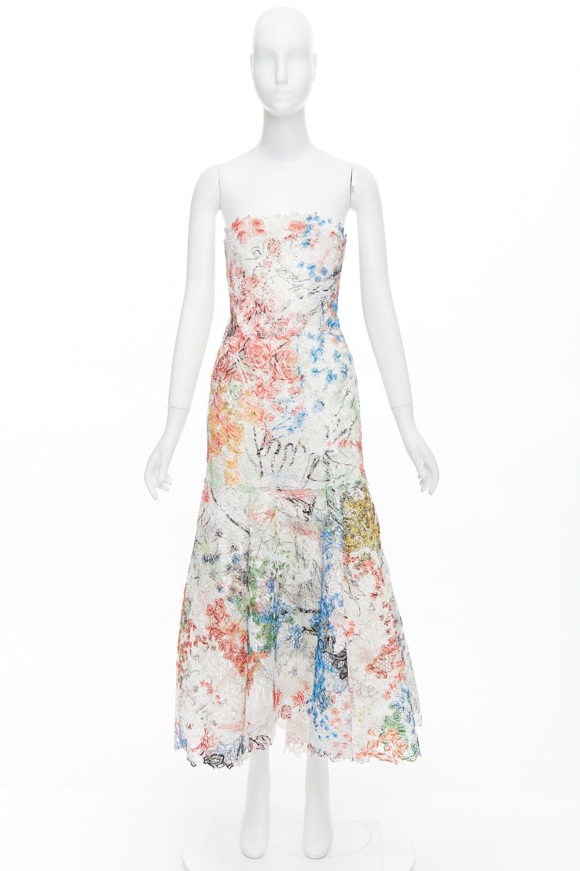 MONIQUE LHUILLIER Runway scribble print lace  lace strapless midi dress US8 M For Sale 4