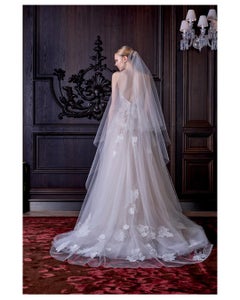 Monique Lhuillier S/S16 white floral lace sheer tulle wedding dress gown XS-S