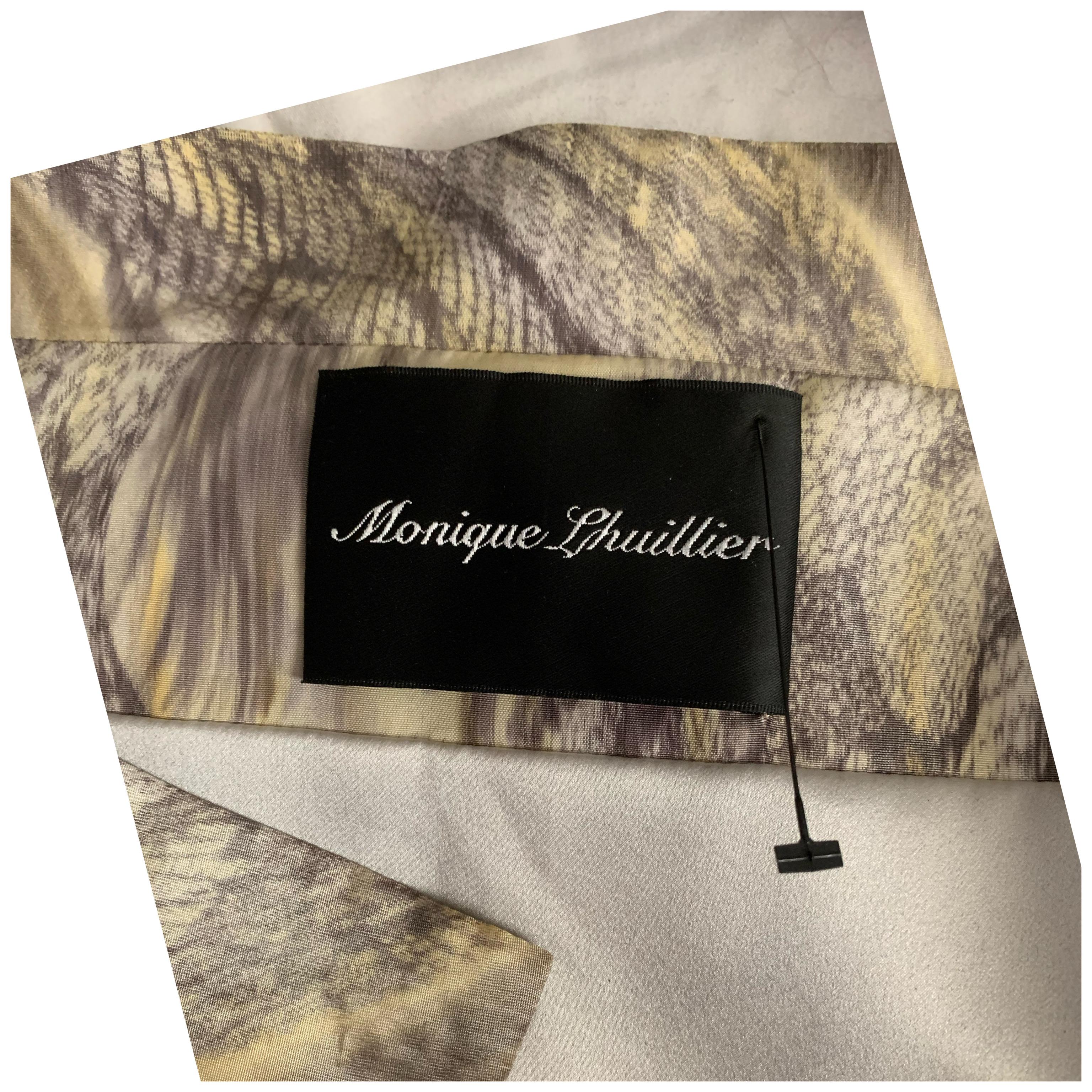 Monique Lhuillier Pale Yellow & Grey Silk Feather Print Coat Dress Size 8 For Sale 1