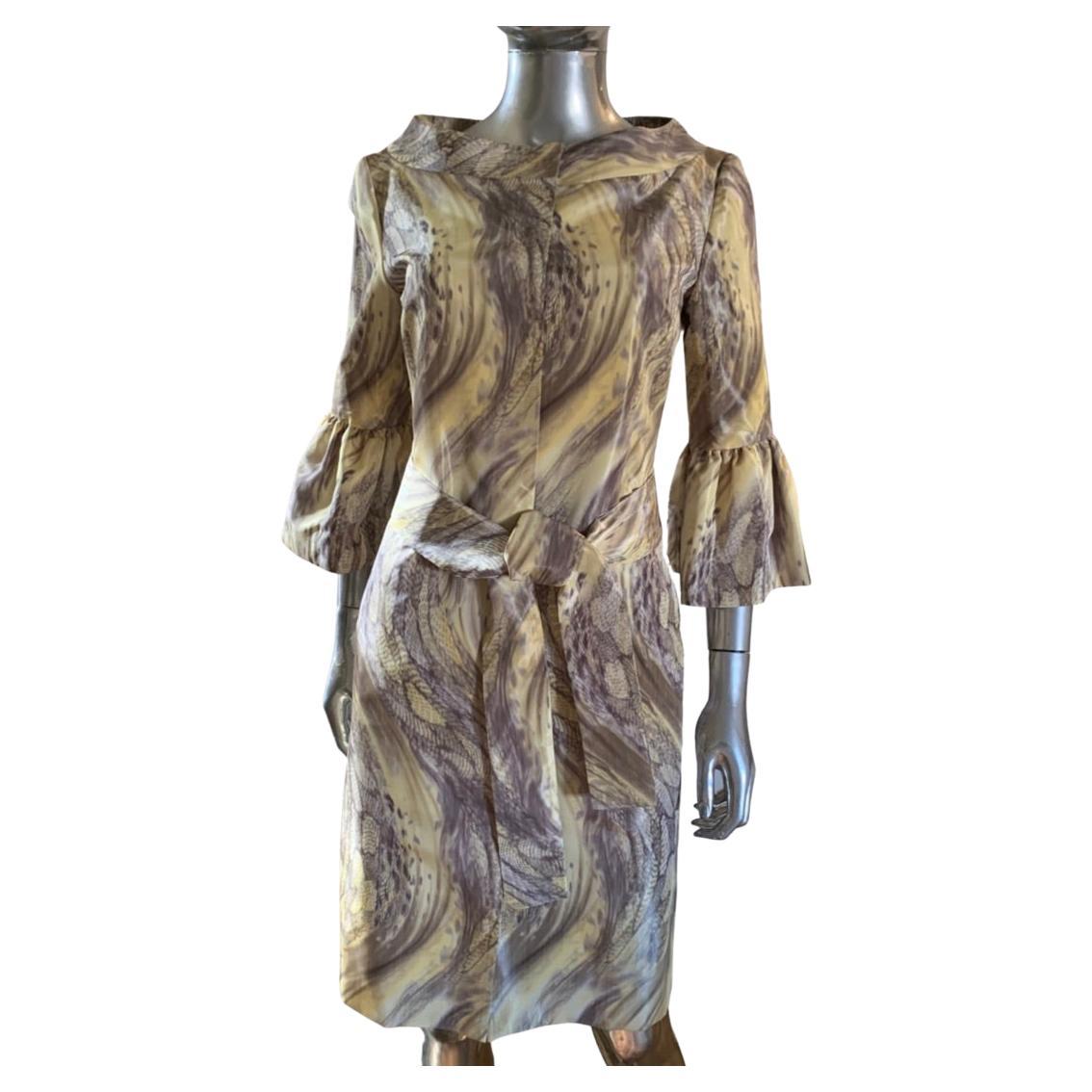 Monique Lhuillier Pale Yellow & Grey Silk Feather Print Coat Dress Size 8 For Sale