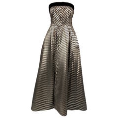 MONIQUE LHUILLIER Size 12 Black & Gold Metallic Striped Strapless Gown
