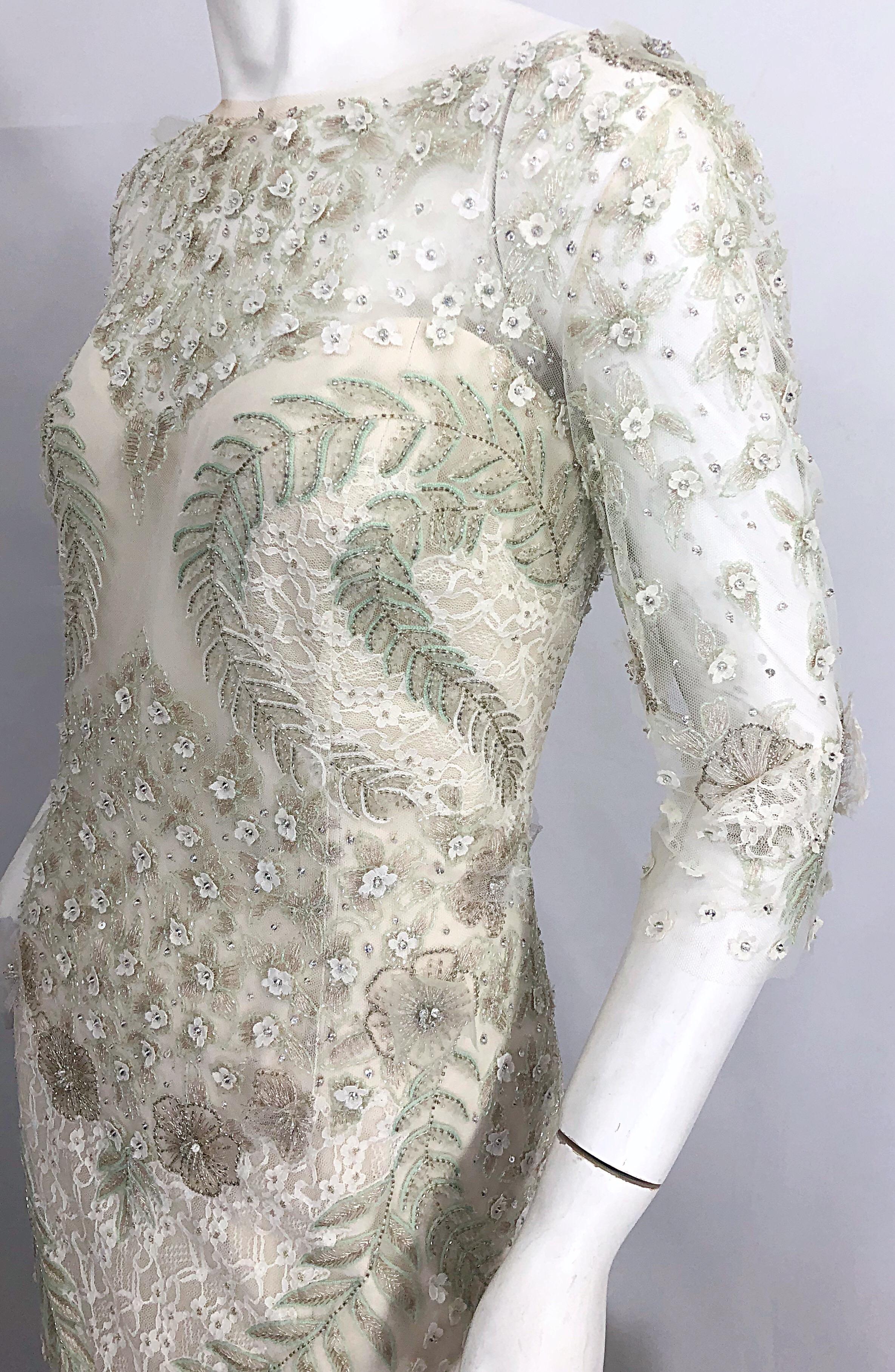 Monique Lhuillier Size 14 Mint Green Ivory Beaded Sequined Mermaid Gown Dress For Sale 2
