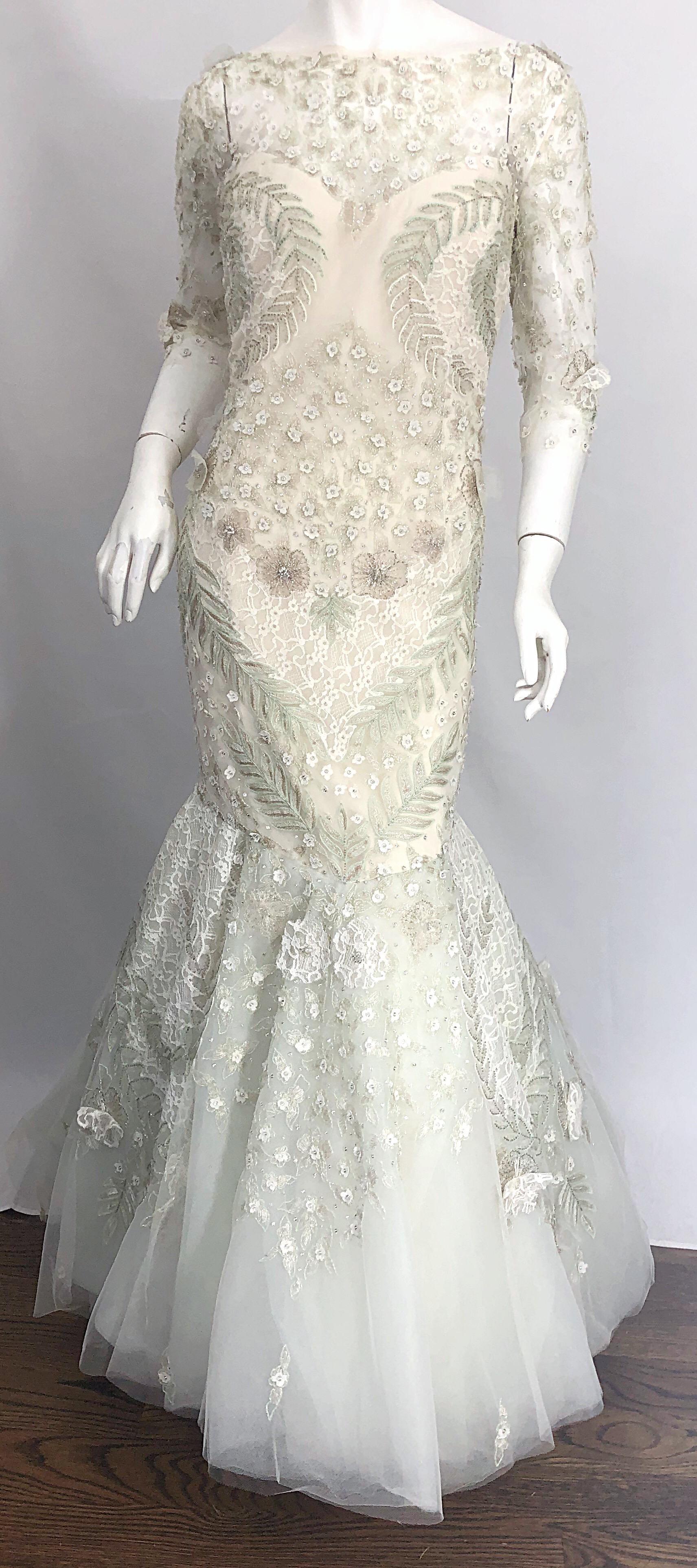Monique Lhuillier Size 14 Mint Green Ivory Beaded Sequined Mermaid Gown Dress For Sale 3