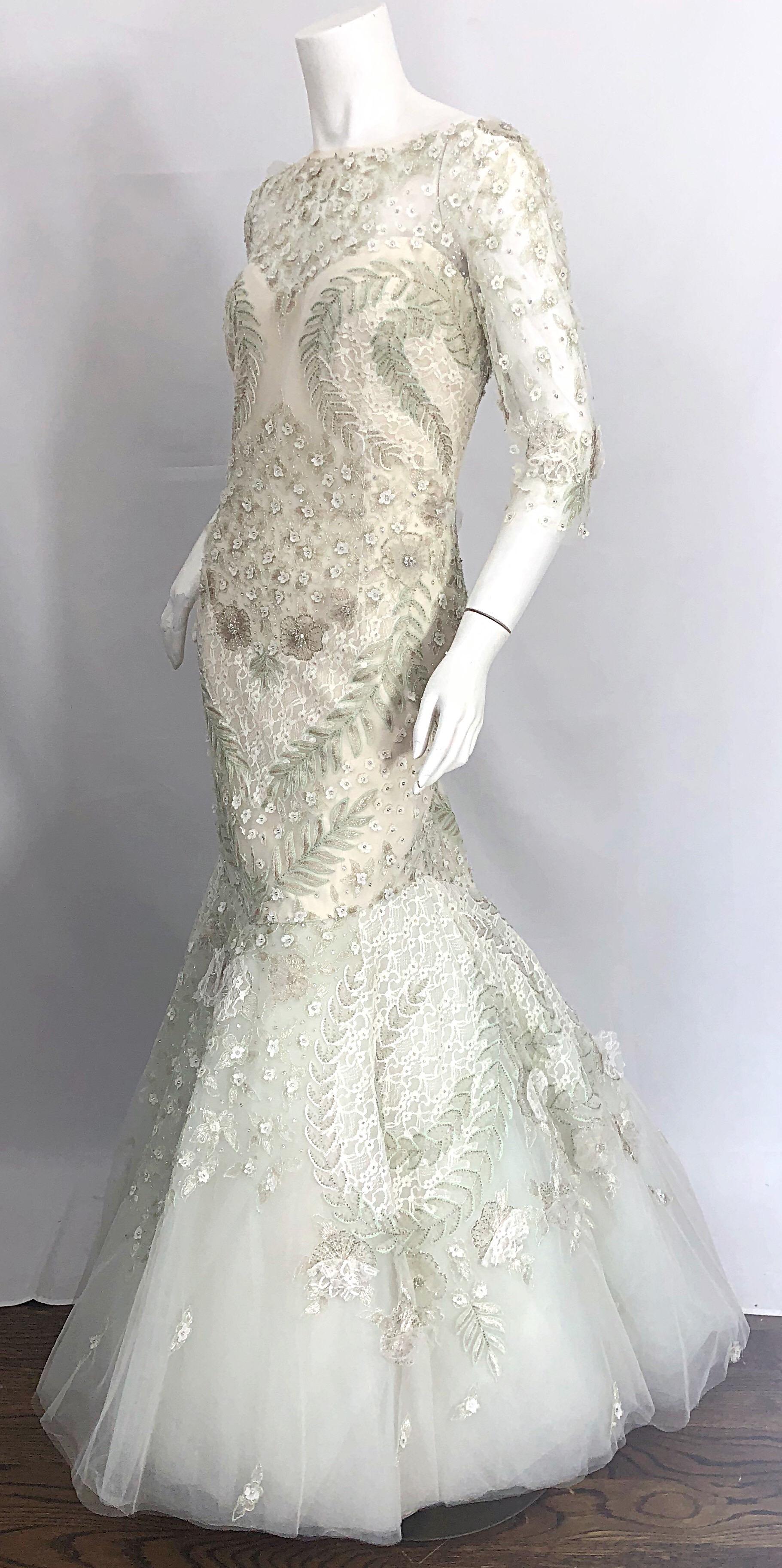 Monique Lhuillier Size 14 Mint Green Ivory Beaded Sequined Mermaid Gown Dress For Sale 4
