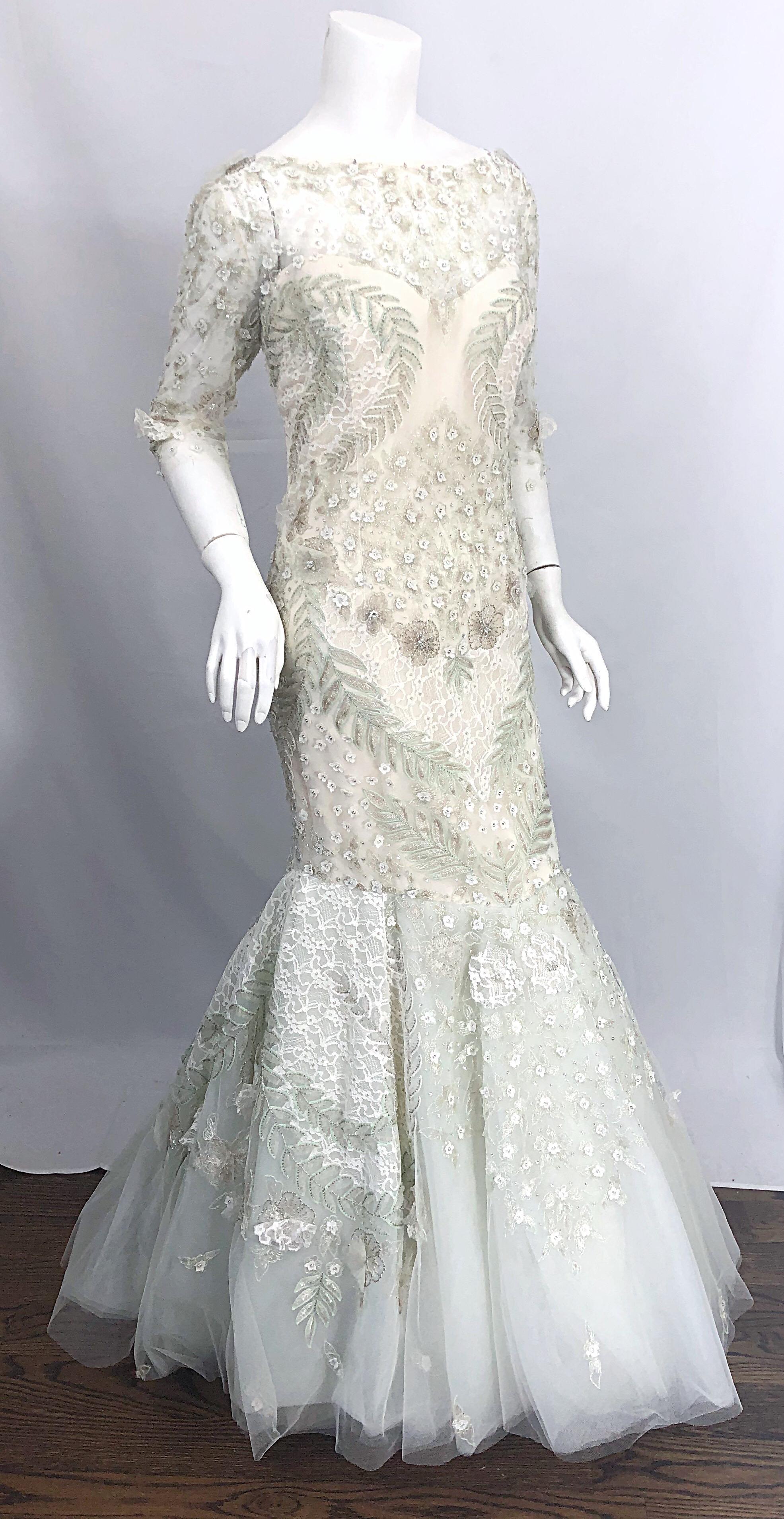 Monique Lhuillier Size 14 Mint Green Ivory Beaded Sequined Mermaid Gown Dress For Sale 5