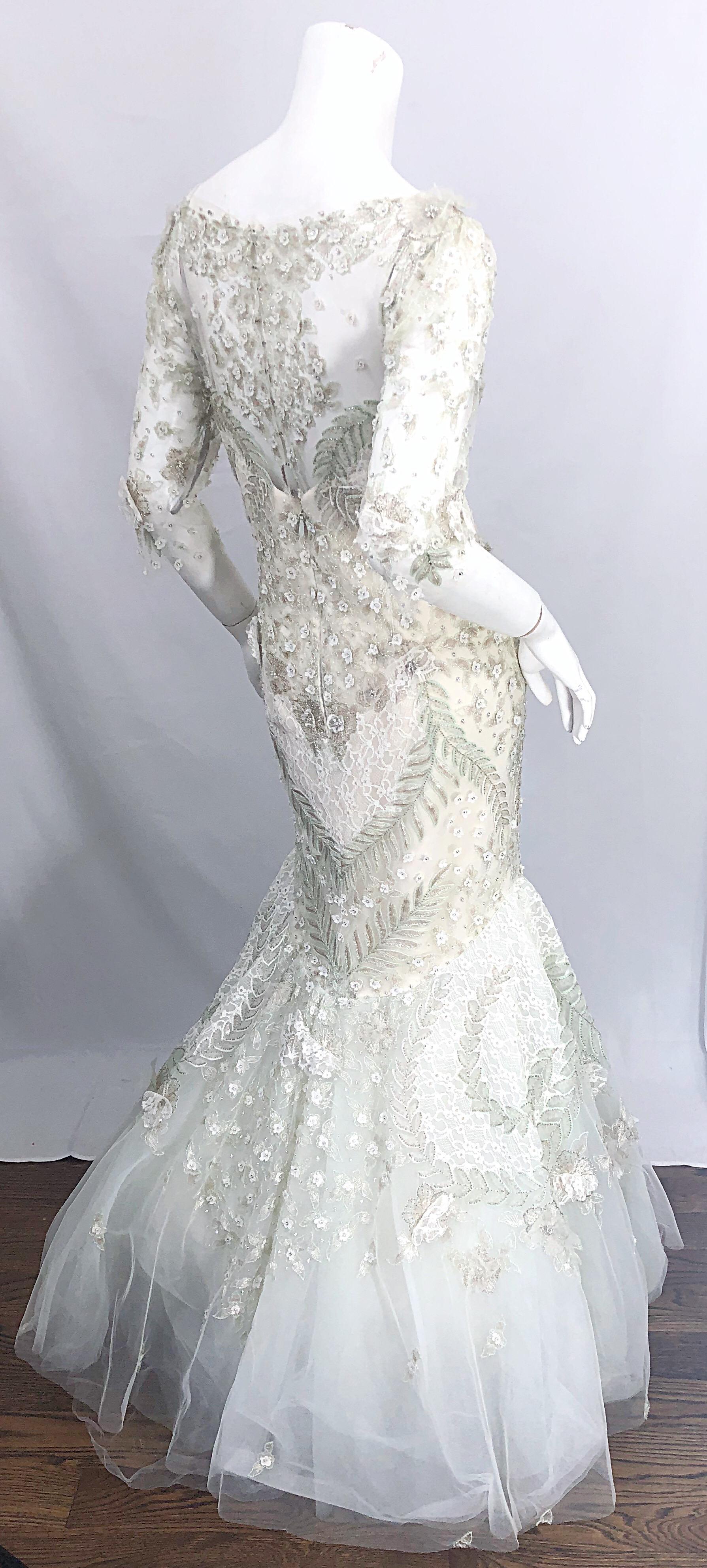 Monique Lhuillier Size 14 Mint Green Ivory Beaded Sequined Mermaid Gown Dress For Sale 6