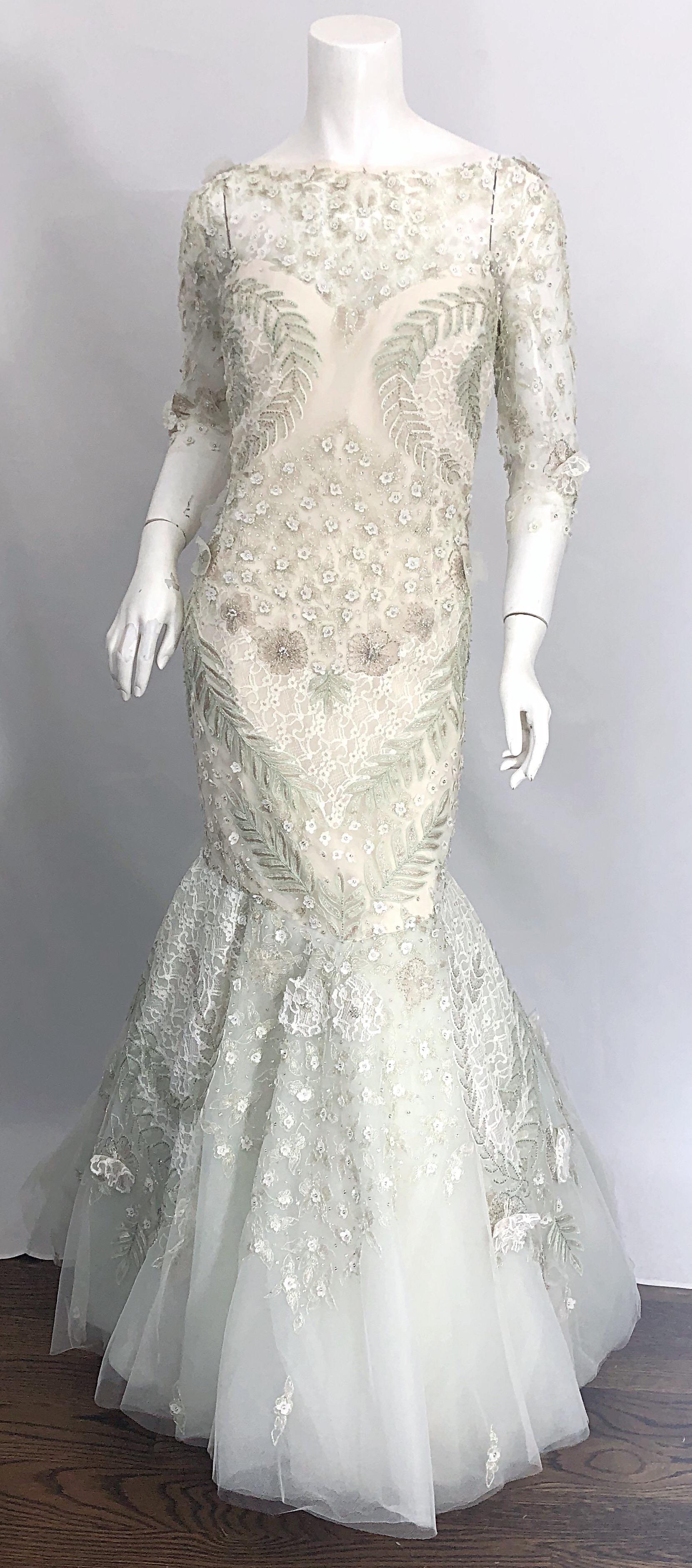 Monique Lhuillier Size 14 Mint Green Ivory Beaded Sequined Mermaid Gown Dress For Sale 7