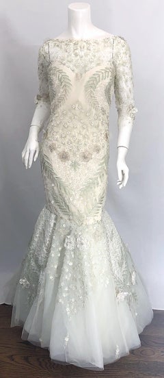 Monique Lhuillier Size 14 Mint Green Ivory Beaded Sequined Mermaid Gown Dress