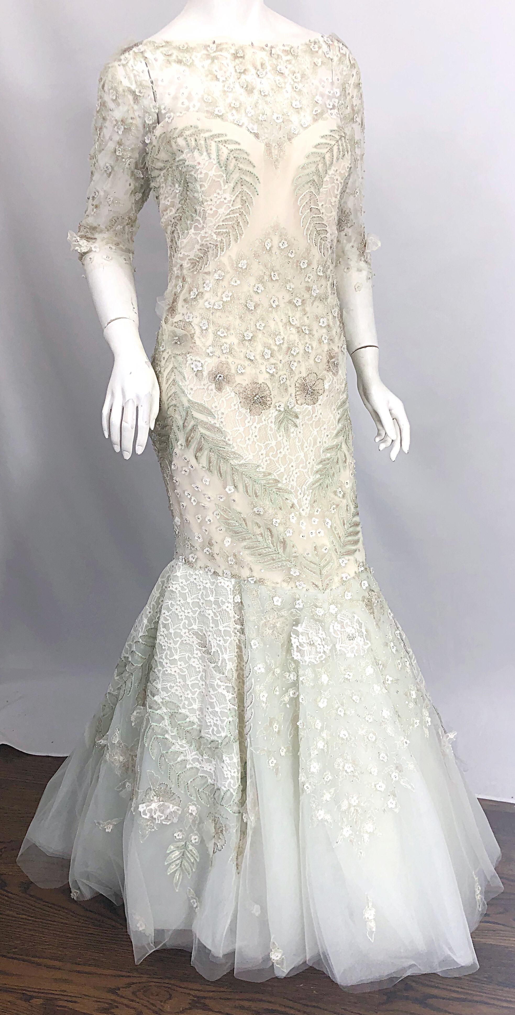 Women's Monique Lhuillier Size 14 Mint Green Ivory Beaded Sequined Mermaid Gown Dress For Sale