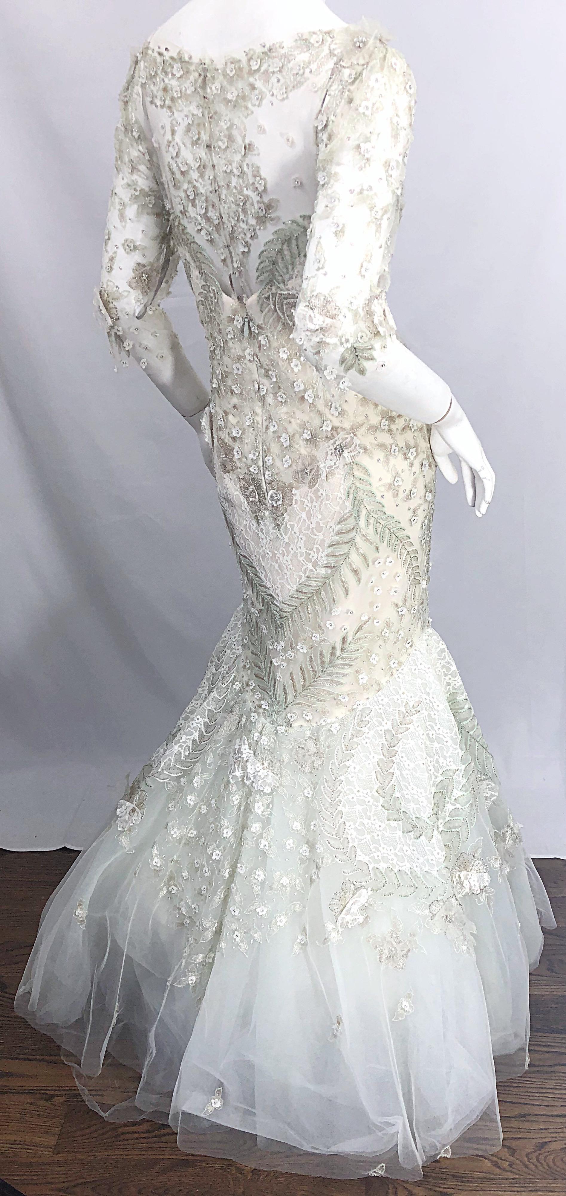Monique Lhuillier Size 14 Mint Green Ivory Beaded Sequined Mermaid Gown Dress For Sale 1