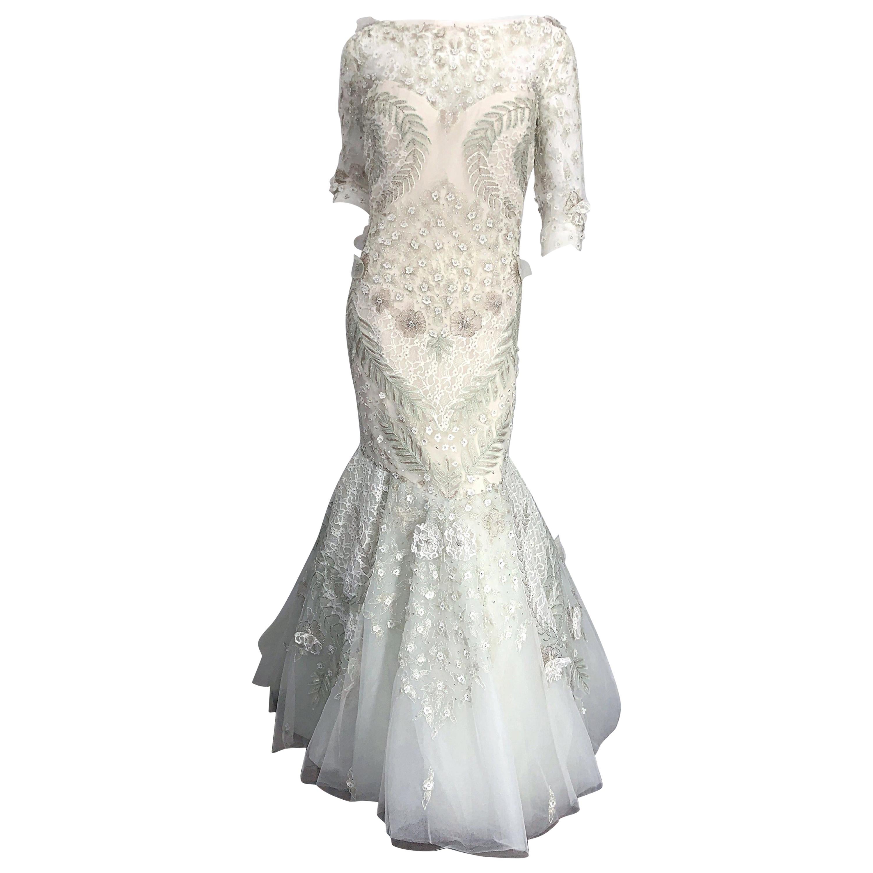 Monique Lhuillier Size 14 Mint Green Ivory Beaded Sequined Mermaid Gown Dress For Sale