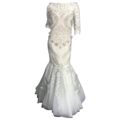Used Monique Lhuillier Size 14 Mint Green Ivory Beaded Sequined Mermaid Gown Dress