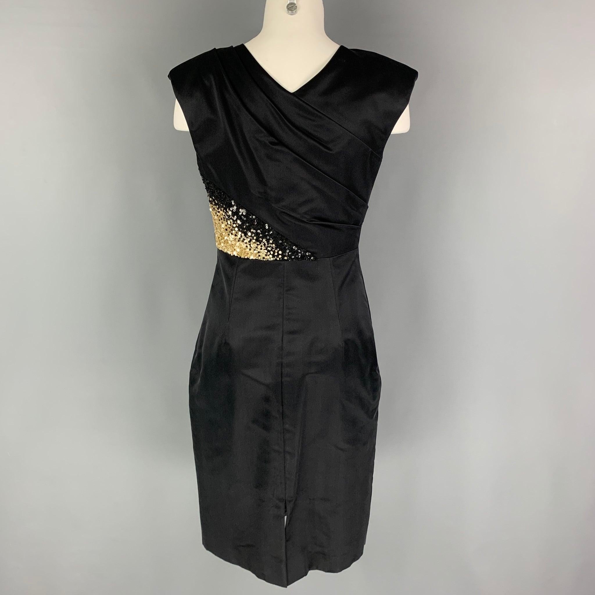 Women's MONIQUE LHUILLIER Size 4 Black Gold Silk Rayon Sequined Cocktail Dress For Sale