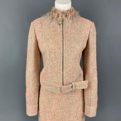 MONIQUE LHUILLIER Taille 6 - Jupe zippée en tweed beige, viscose saumon
