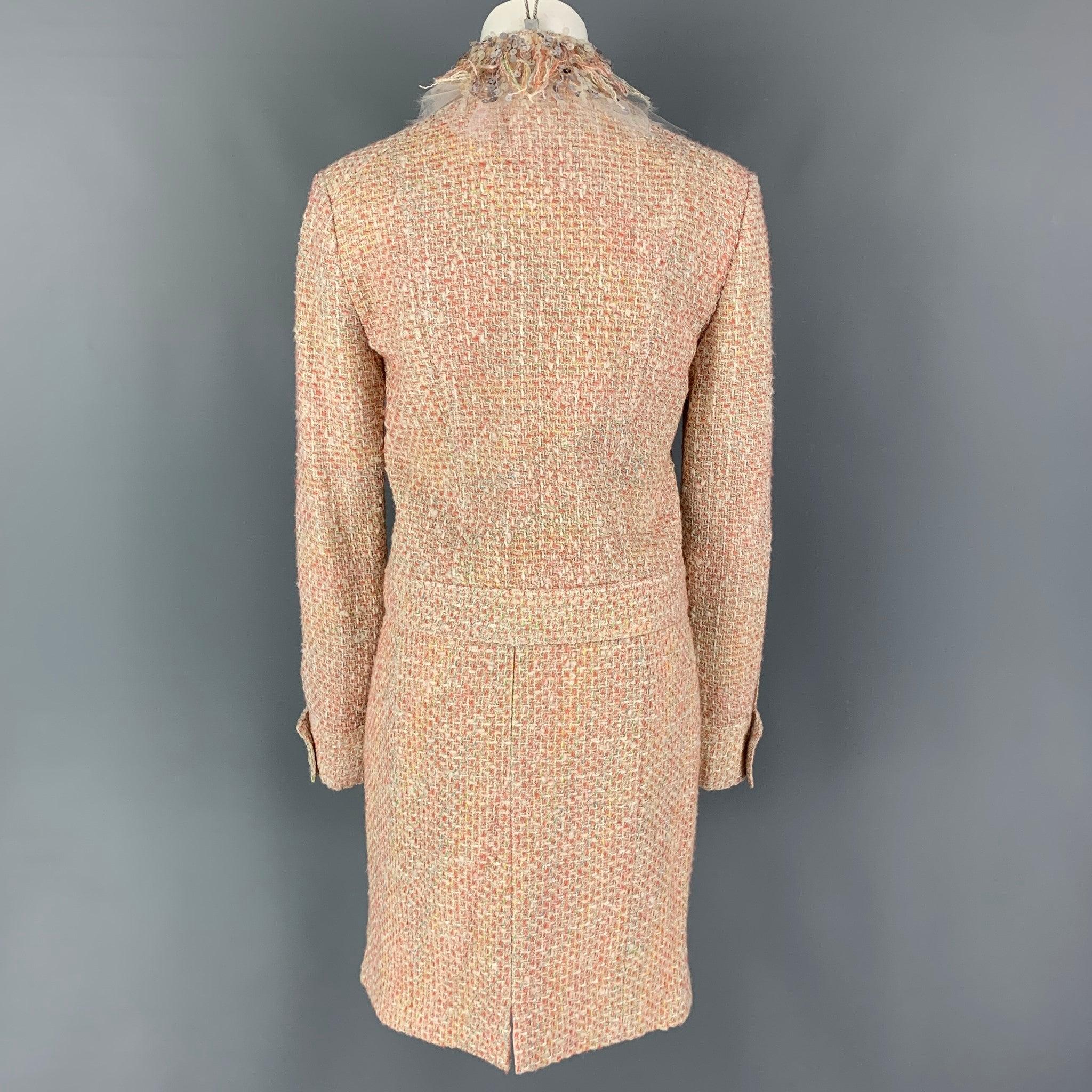 MONIQUE LHUILLIER Size 6 Beige Salmon Viscose Blend Tweed Zip Up Skirt Set In Good Condition For Sale In San Francisco, CA