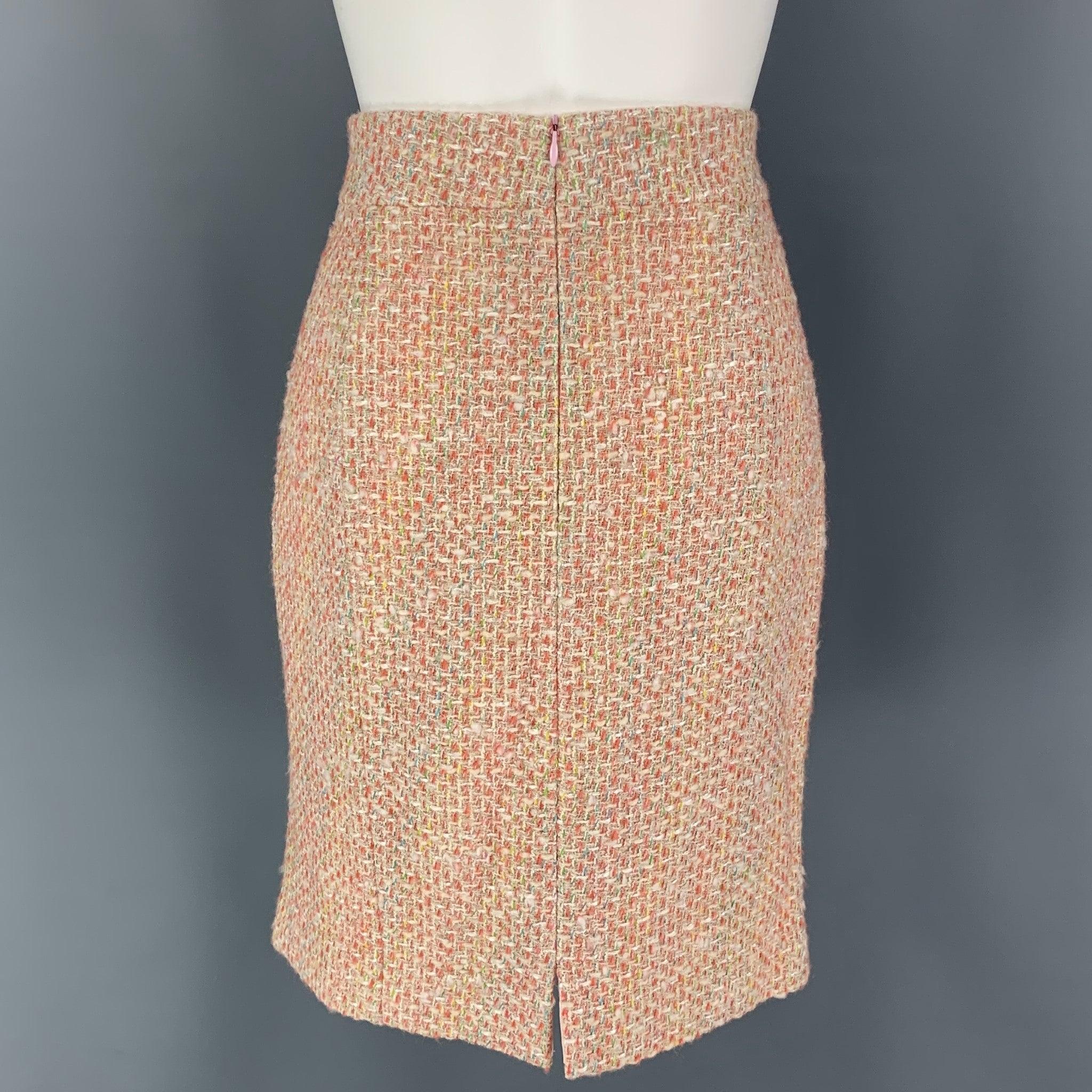 MONIQUE LHUILLIER Size 6 Beige Salmon Viscose Blend Tweed Zip Up Skirt Set For Sale 3