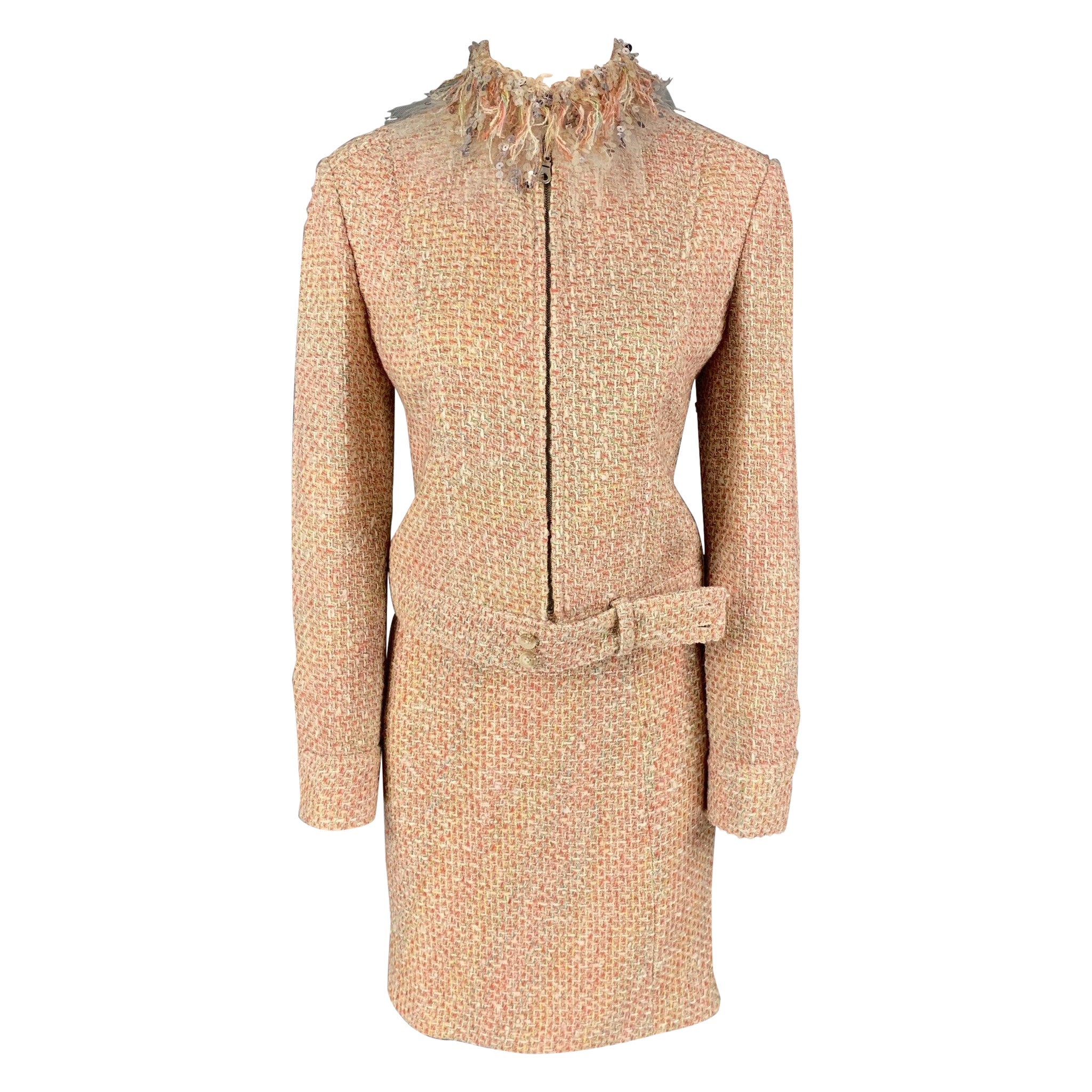 MONIQUE LHUILLIER Taille 6 - Jupe zippée en tweed beige, viscose saumon