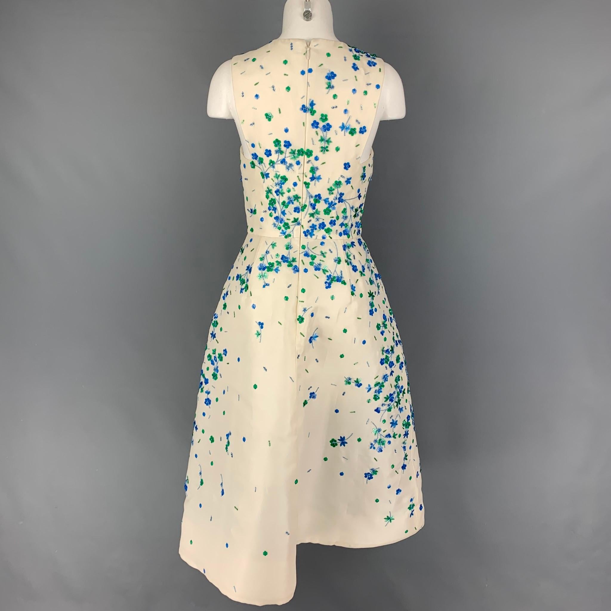 MONIQUE LHUILLIER Size 6 Cream Blue Green Silk Sequined Cocktail Dress In Good Condition In San Francisco, CA