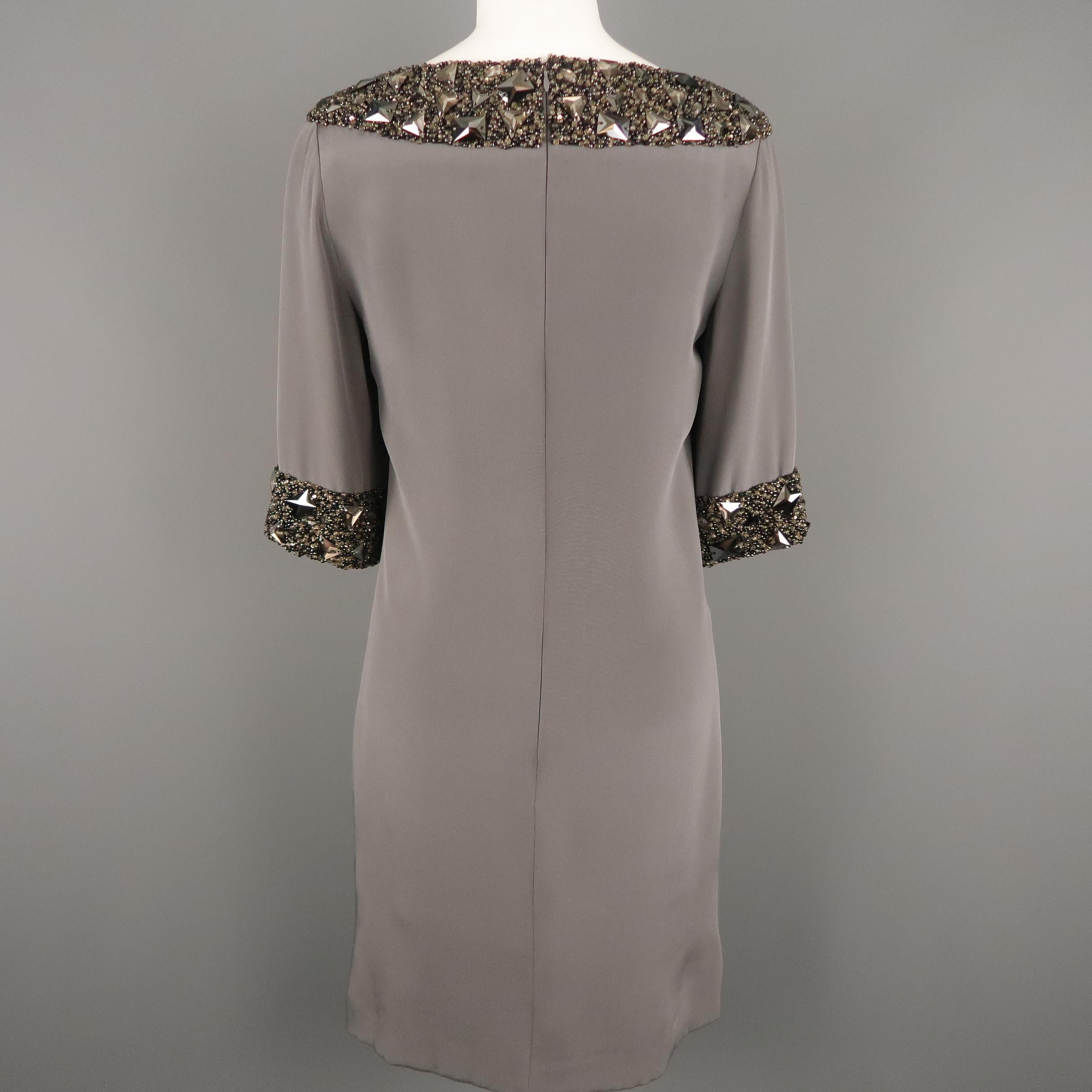 Women's MONIQUE LHUILLIER Size 6 Grey Silk Crystal Trim 3/4 Sleeve Cocktail Dress