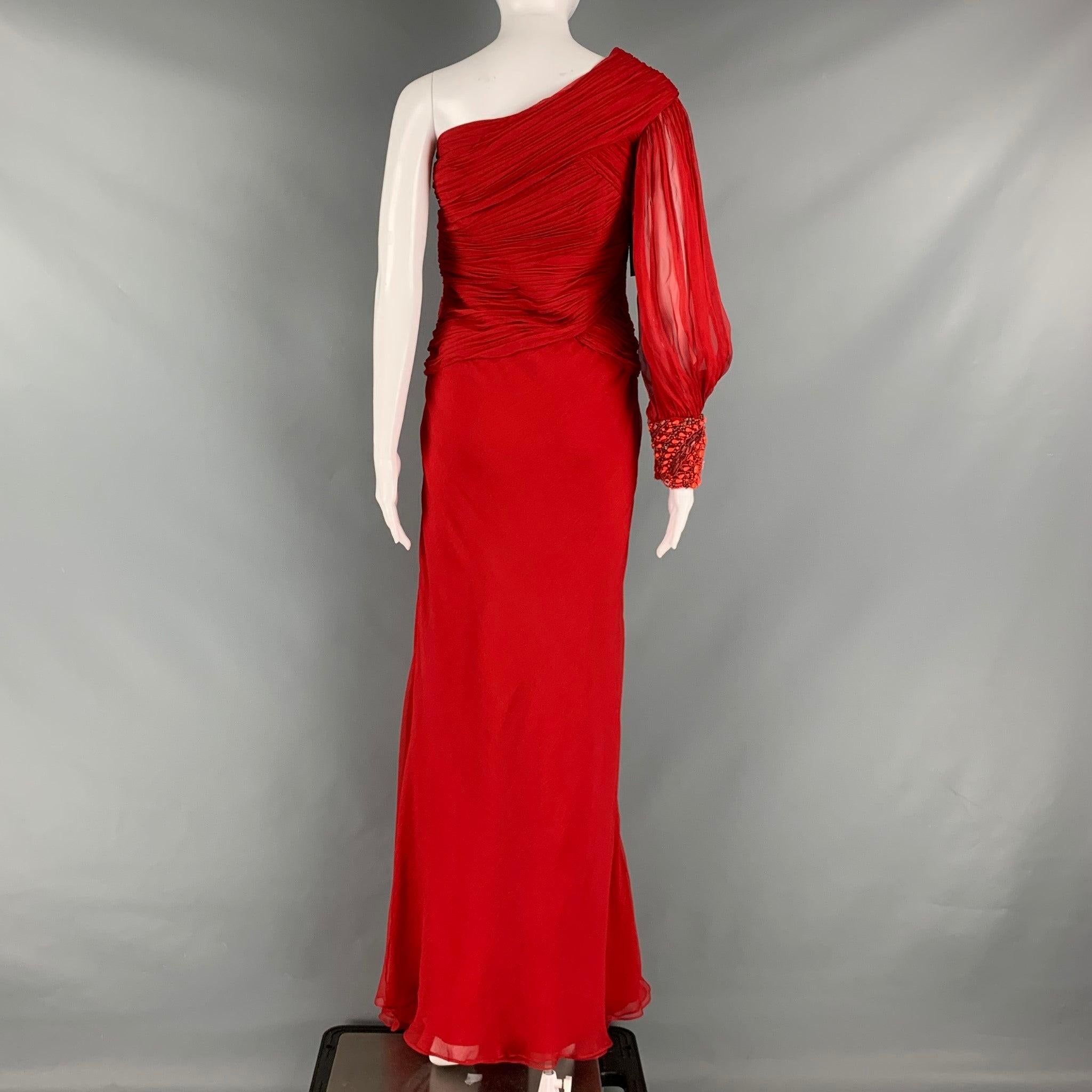 MONIQUE LHUILLIER Size M Red One Shoulder Gown In Good Condition In San Francisco, CA
