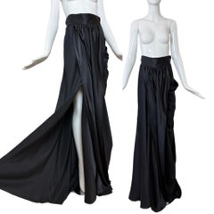 MONIQUE LHUILLIER Vintage 100% Silk Black Draped Maxi Skirt w. Slit