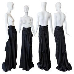 MONIQUE LHUILLIER Vintage 100% Silk Black Draped Maxi Skirt w. Slit
