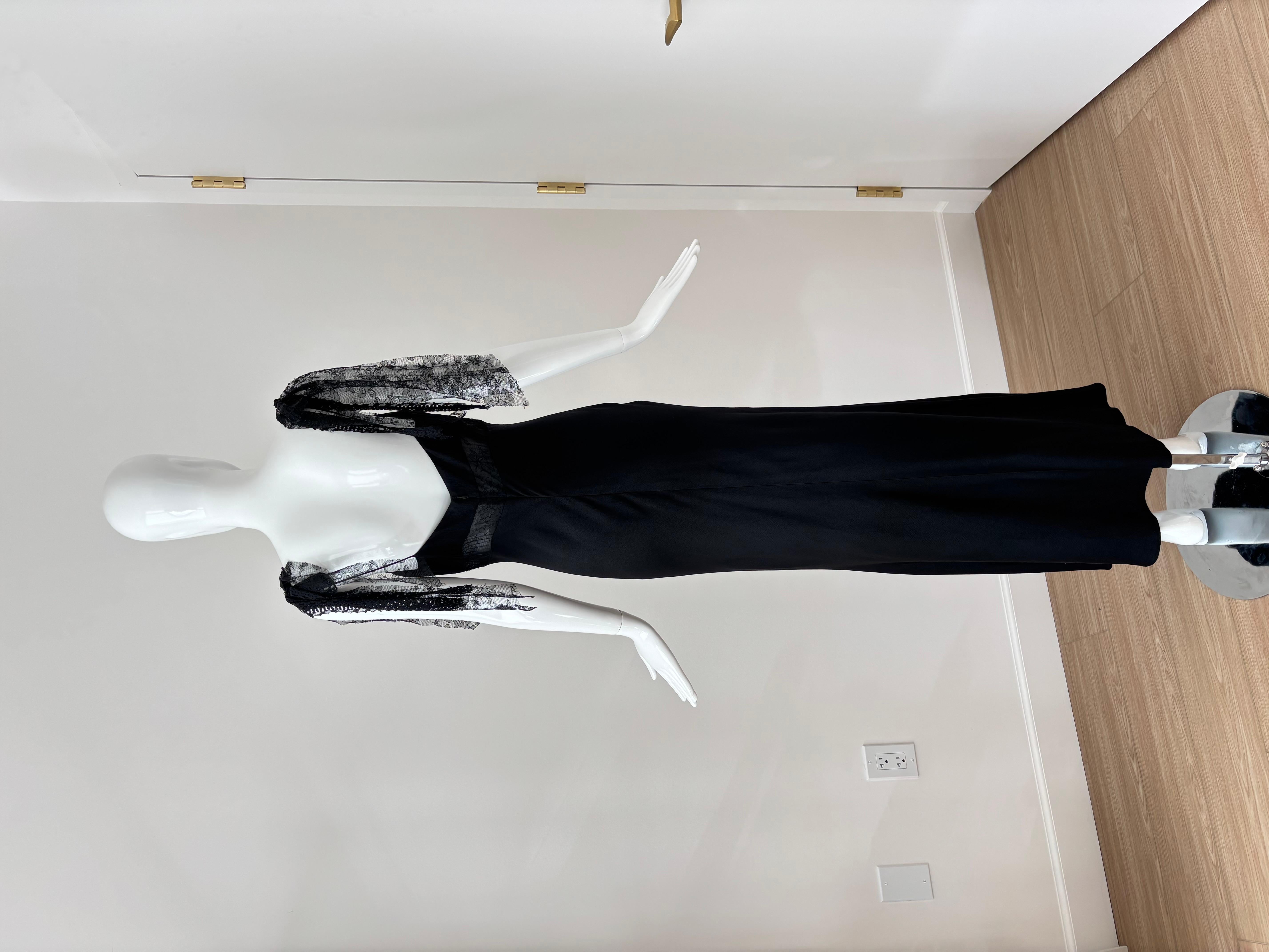MONIQUE LHUILLIER Vintage Black Silk Lace Evening Gown Maxi Dress 1