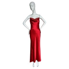 MONIQUE LHUILLIER Vintage Red Liquid Silk Evening Gown Maxi Dress Embellished