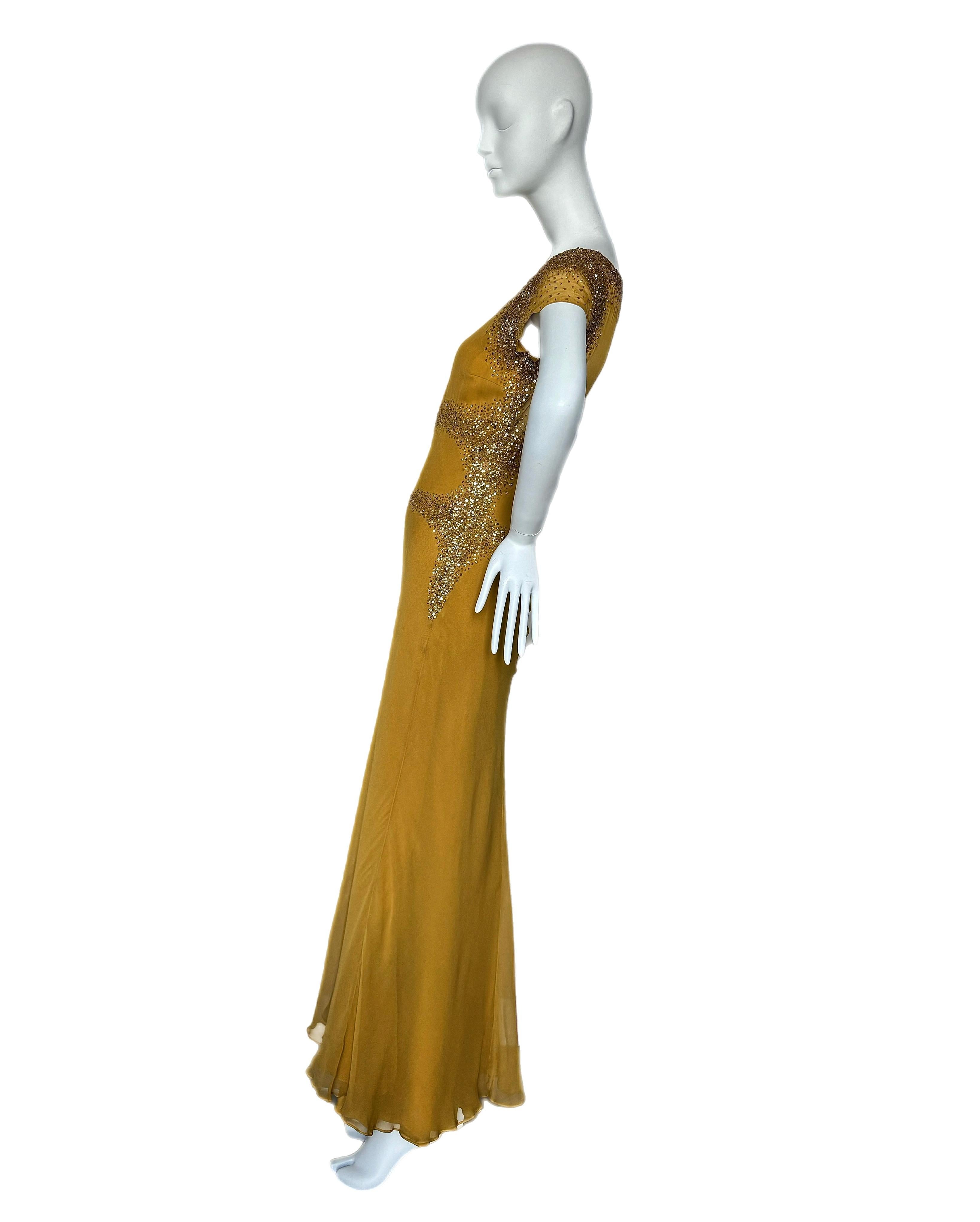 Brown MONIQUE LHUILLIER Vintage Silk Embellished Evening Gown Maxi Dress For Sale