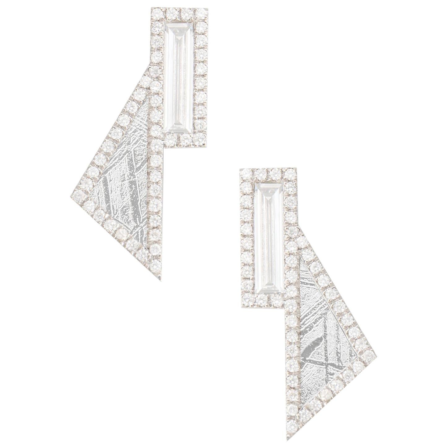 Monique Péan 0.70ct White Diamond & Meteorite Slice Sculpture Earrings, Platinum For Sale