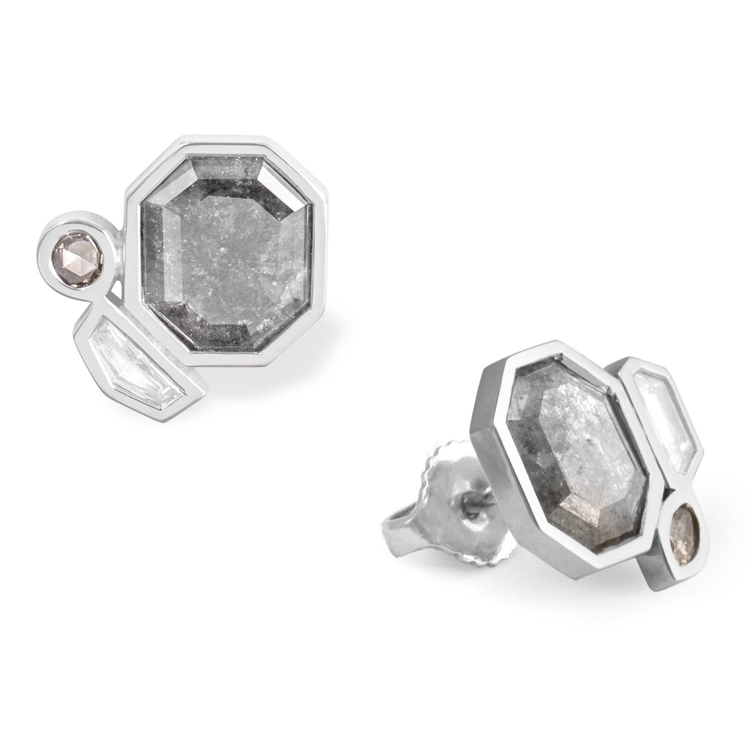 2.39 carat grey octagonal diamond slice and mixed shape diamond sculpture earrings, recycled platinum  - One-of-a-kind

Inspired by architectural discipline and geometry found in nature, this pair of sculpture earrings features grey octagonal
