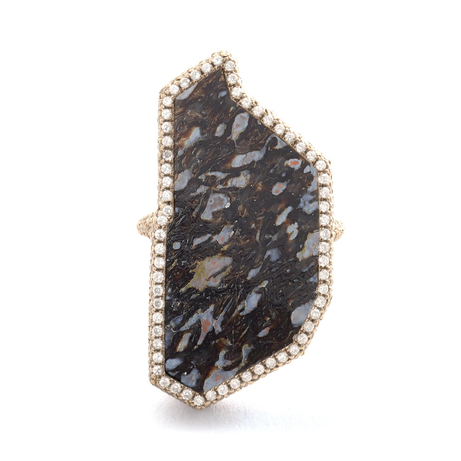 Flawless black fossilized dinosaur bone and white diamond ring, 18 carat recycled white gold, 2.89 TCW  - One-of-a-kind

The immersive black and blue hues of this specimen of fossilized dinosaur bone are accented by pavé-set white diamonds that