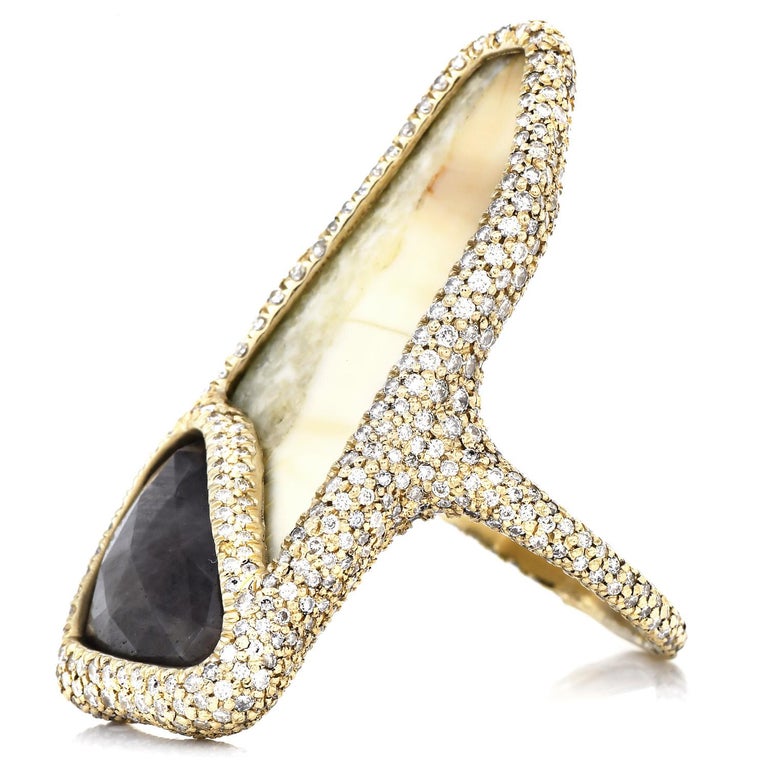 Modern Monique Péan Black Rose Cut Diamond Fossilized Walrus Ivory Gold Ring For Sale