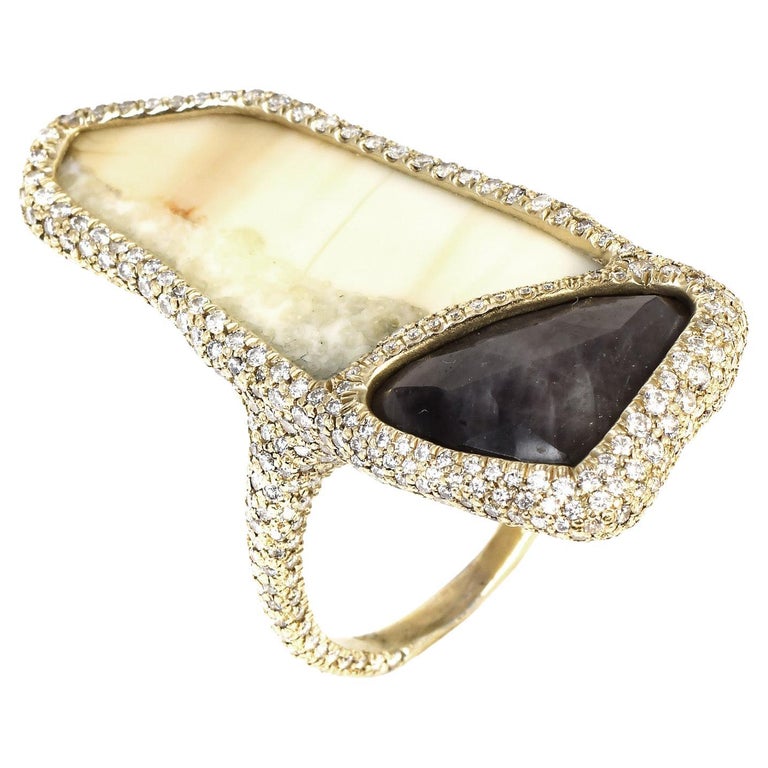 Monique Péan Black Rose Cut Diamond Fossilized Walrus Ivory Gold Ring For Sale