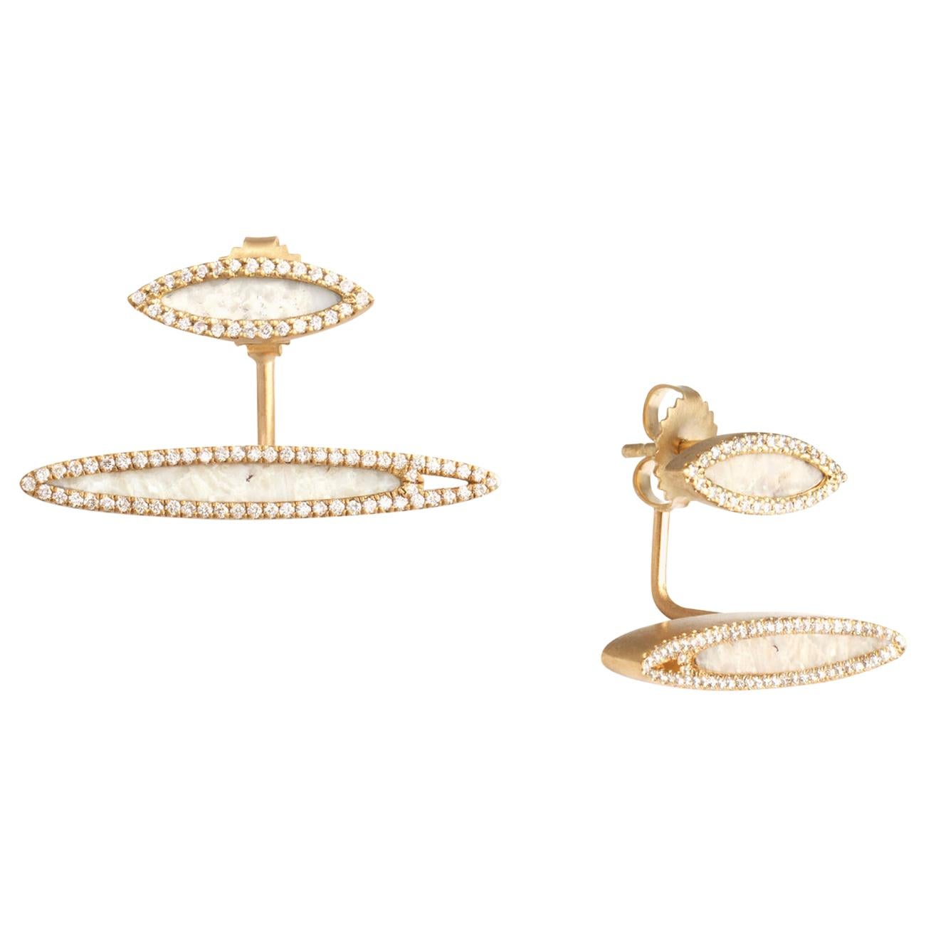 Monique Péan Cream Dinosaur Bone and White Diamond Earrings 18 Carat Yellow Gold For Sale