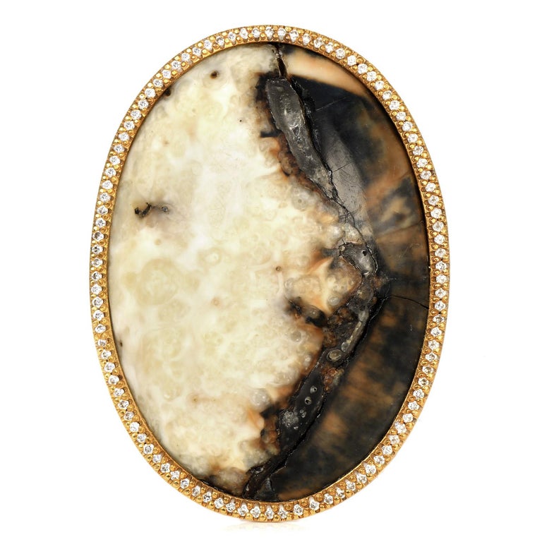 Oval Cut Monique Péan Diamond Fossilized Dinosaur Bone 18K Gold Cocktail Ring For Sale