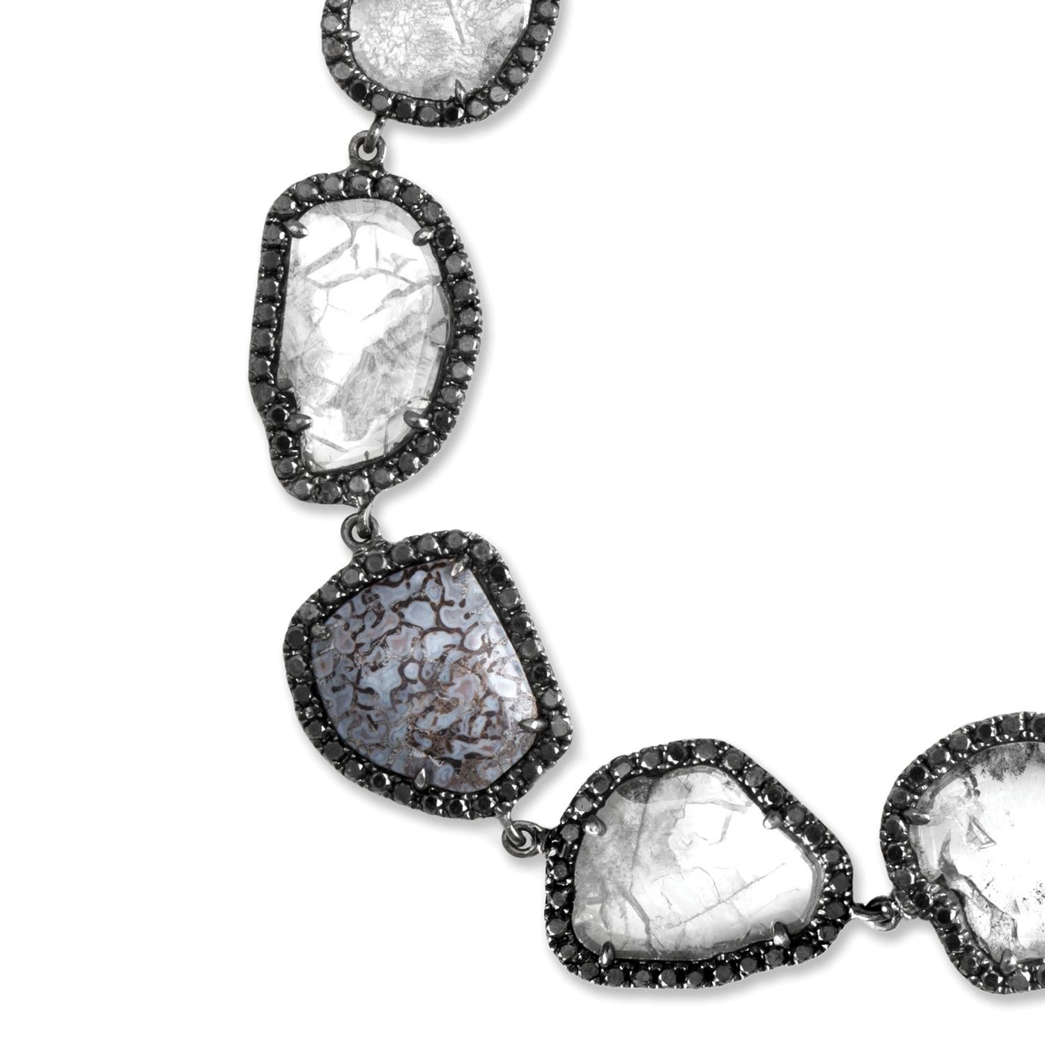 Diamond slice and blue fossilized dinosaur bone bracelet with black diamond pavé, 6.5