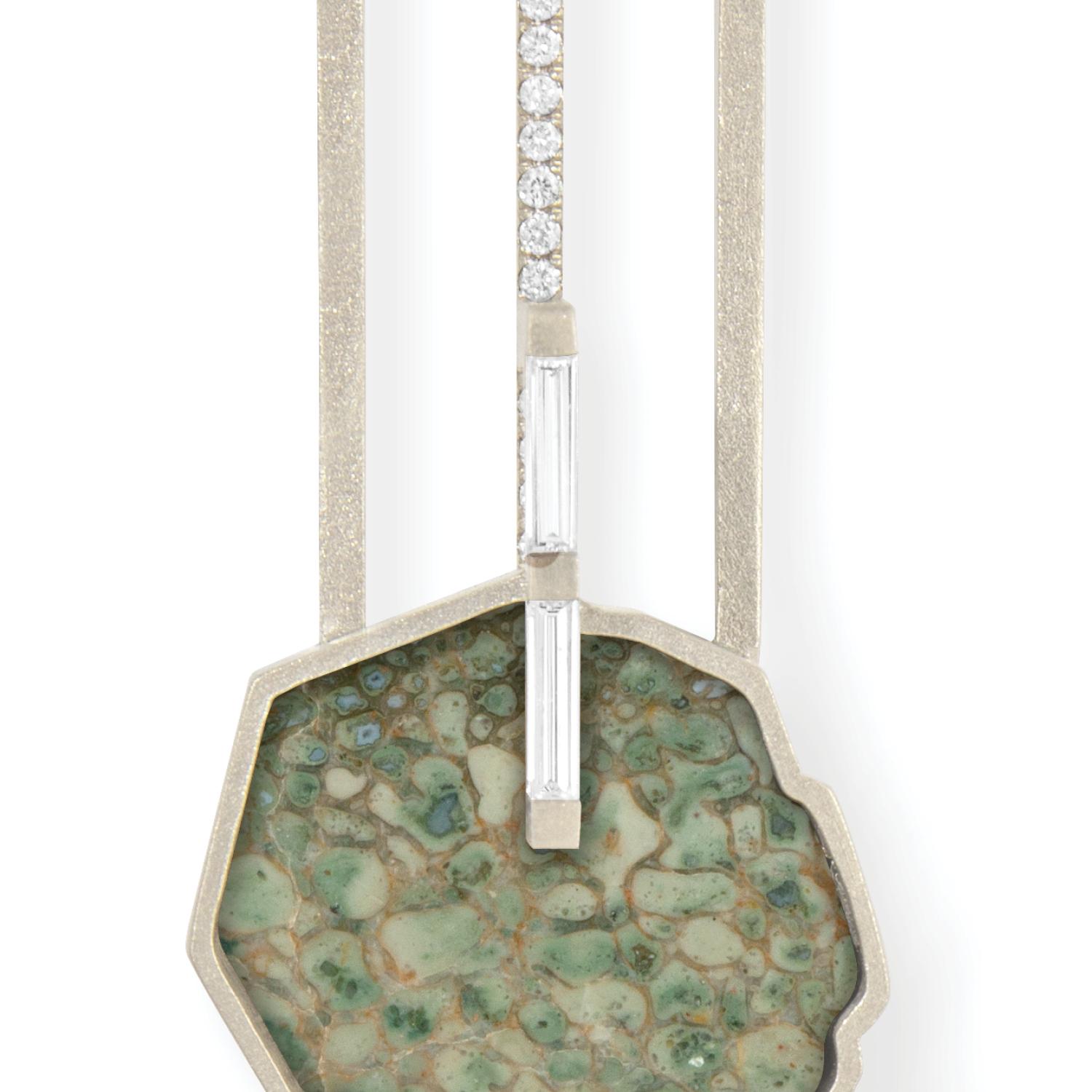 1.16 carat Natural Fancy Greenish Yellow-Gray oval brilliant diamond and green fossilized dinosaur bone vessel necklace with white diamond baguettes and white diamond pavé, 32”, 18 carat recycled white gold

Remarkable natural expressions of  green