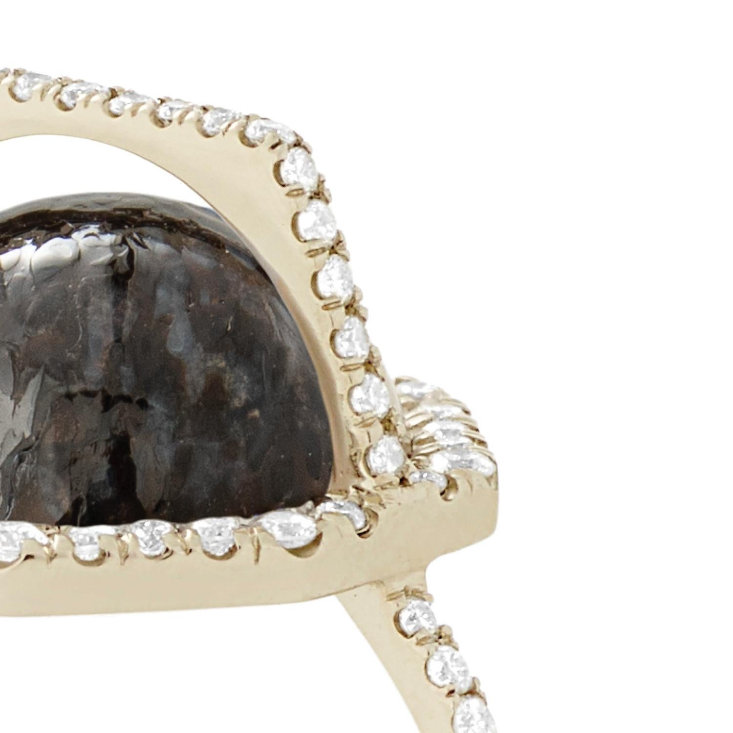 Blue fossilized dinosaur bone arch ring with white diamond pavé, 18 carat recycled white gold

This ring highlights blue fossilized dinosaur bone set in 18 carat recycled white gold.

AGATIZED FOSSILIZED DINOSAUR BONE

Name: Agatized fossilized