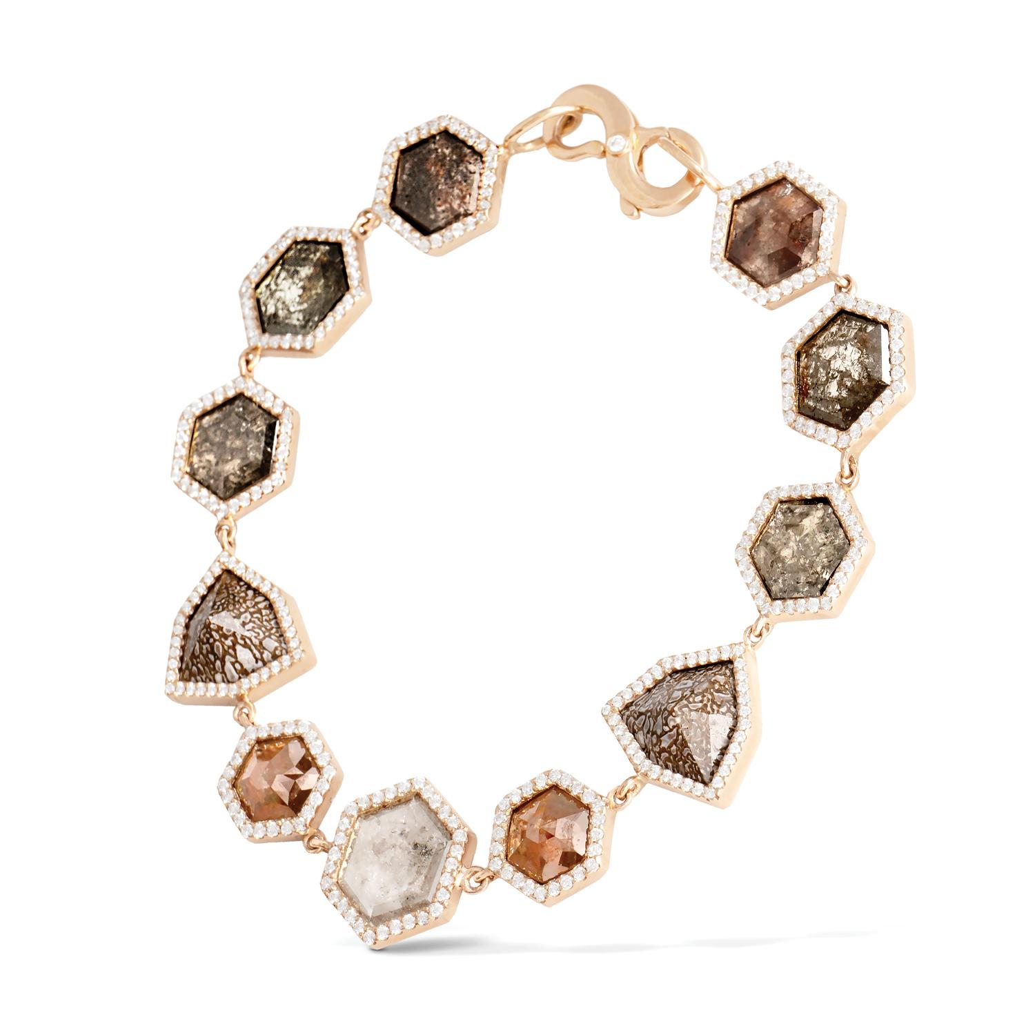 Hexagonal diamond slice and mauve fossilized dinosaur bone bracelet with white diamond pavé, 18 carat recycled rose gold, 10.95 TCW  - One-of-a-kind

Glyphs of luminescent ancient materials are serially aligned in this bracelet of 18 carat recycled