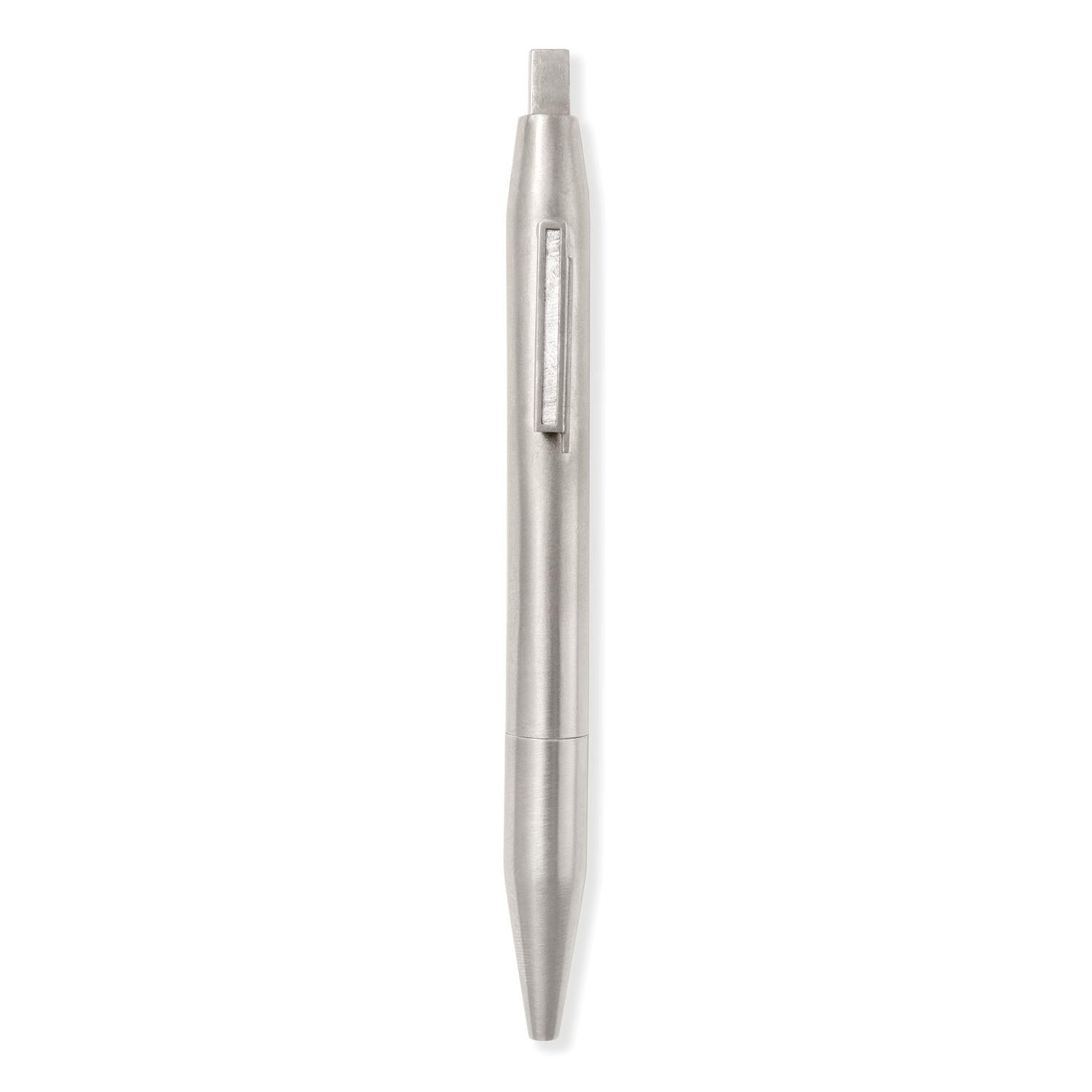 Widmanstätten pattern meteorite inlay pen with inset square cut black diamond, 18 carat recycled palladium white gold, 0.17 TCW  - One-of-a-kind

Inspired by extraterrestrial elements of the universe, a specimen of Scandinavian meteorite is
