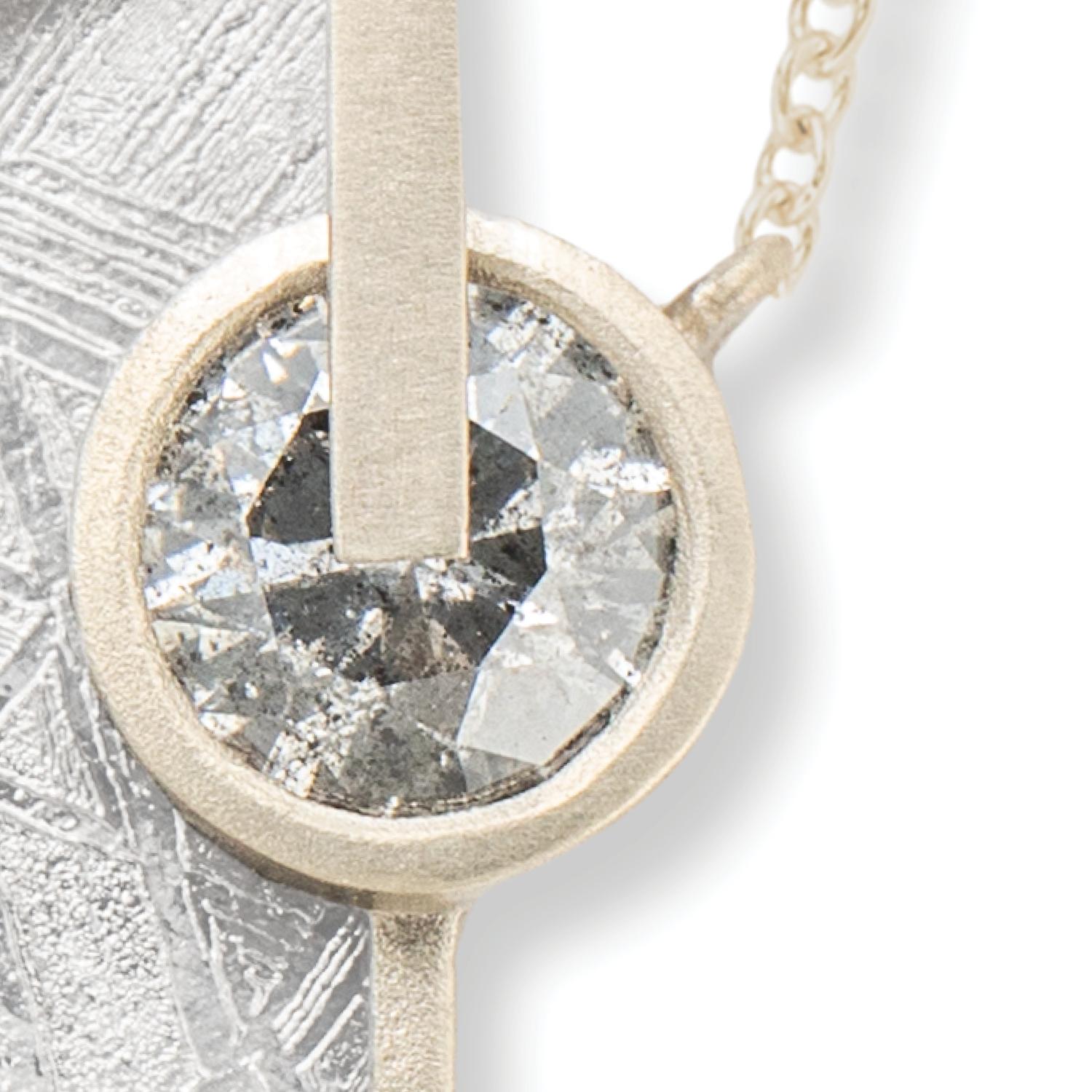 Round Cut Monique Péan Meteorite and Grey Diamond Necklace, 18 Carat Recycled White Gold