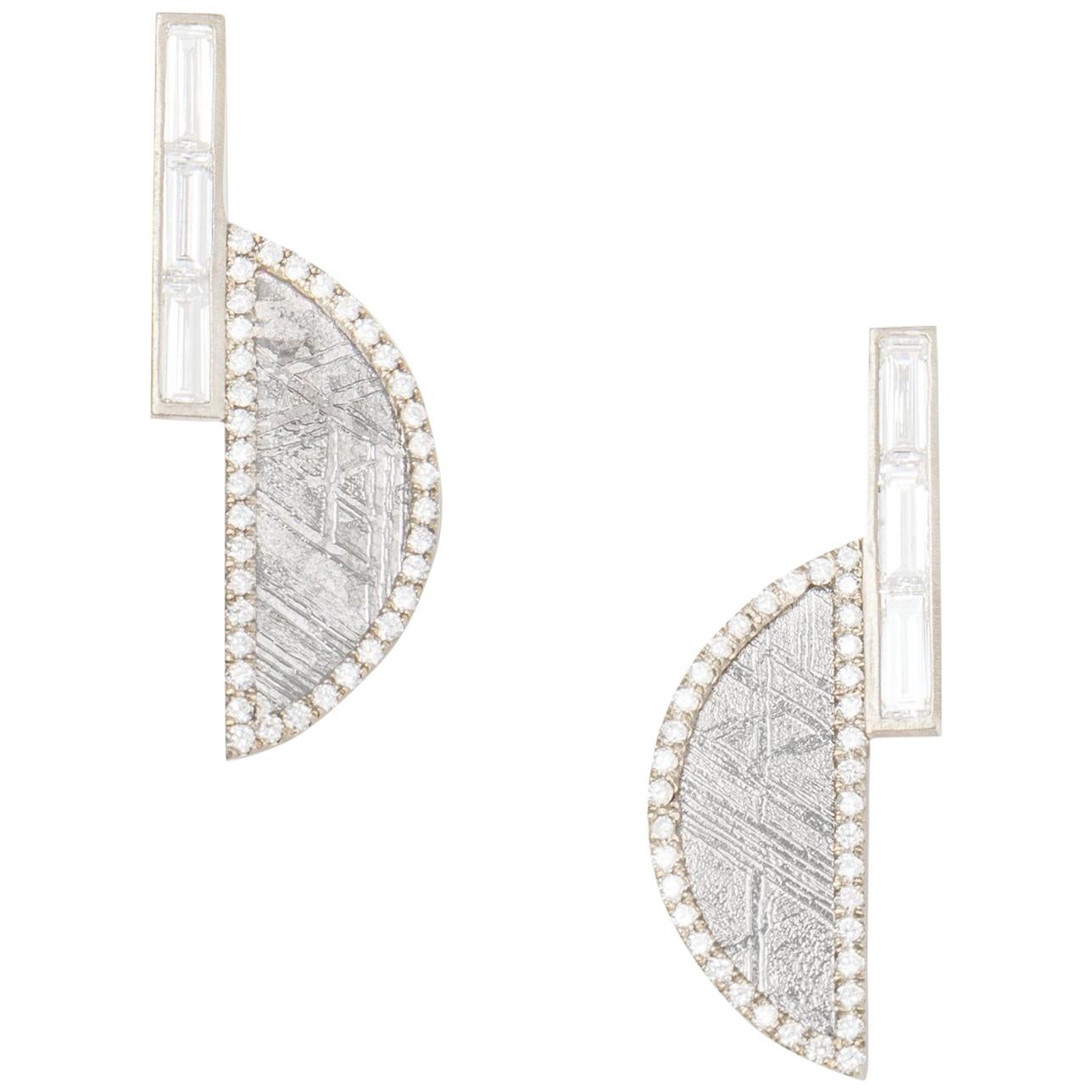 Monique Péan Meteorite and White Diamond Crescent Earrings, 18 Carat White Gold For Sale