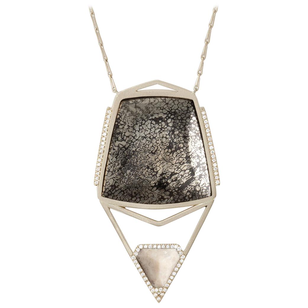 Monique Péan Pyritized & Cream Dinosaur Bone and Diamond Necklace, 18 Carat Gold For Sale