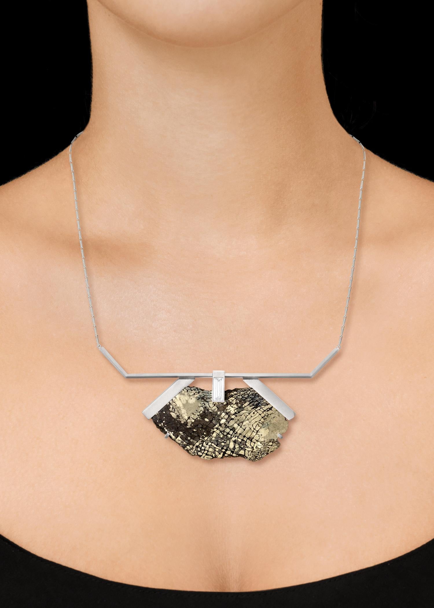 Monique Péan Pyritized Dinosaur Bone and 1.43 Carat White Diamond Necklace In New Condition For Sale In New York, NY