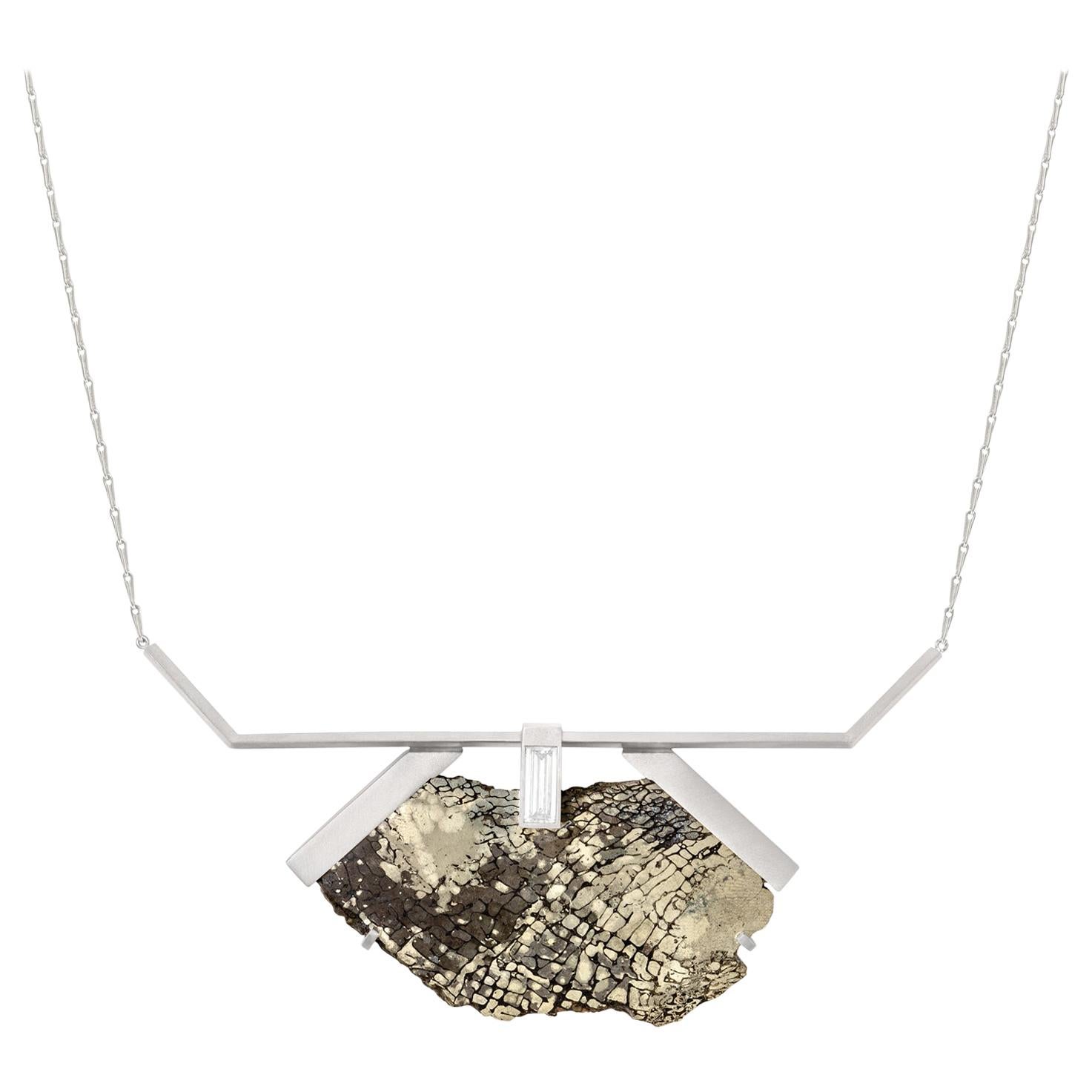 Monique Péan Pyritized Dinosaur Bone and 1.43 Carat White Diamond Necklace For Sale