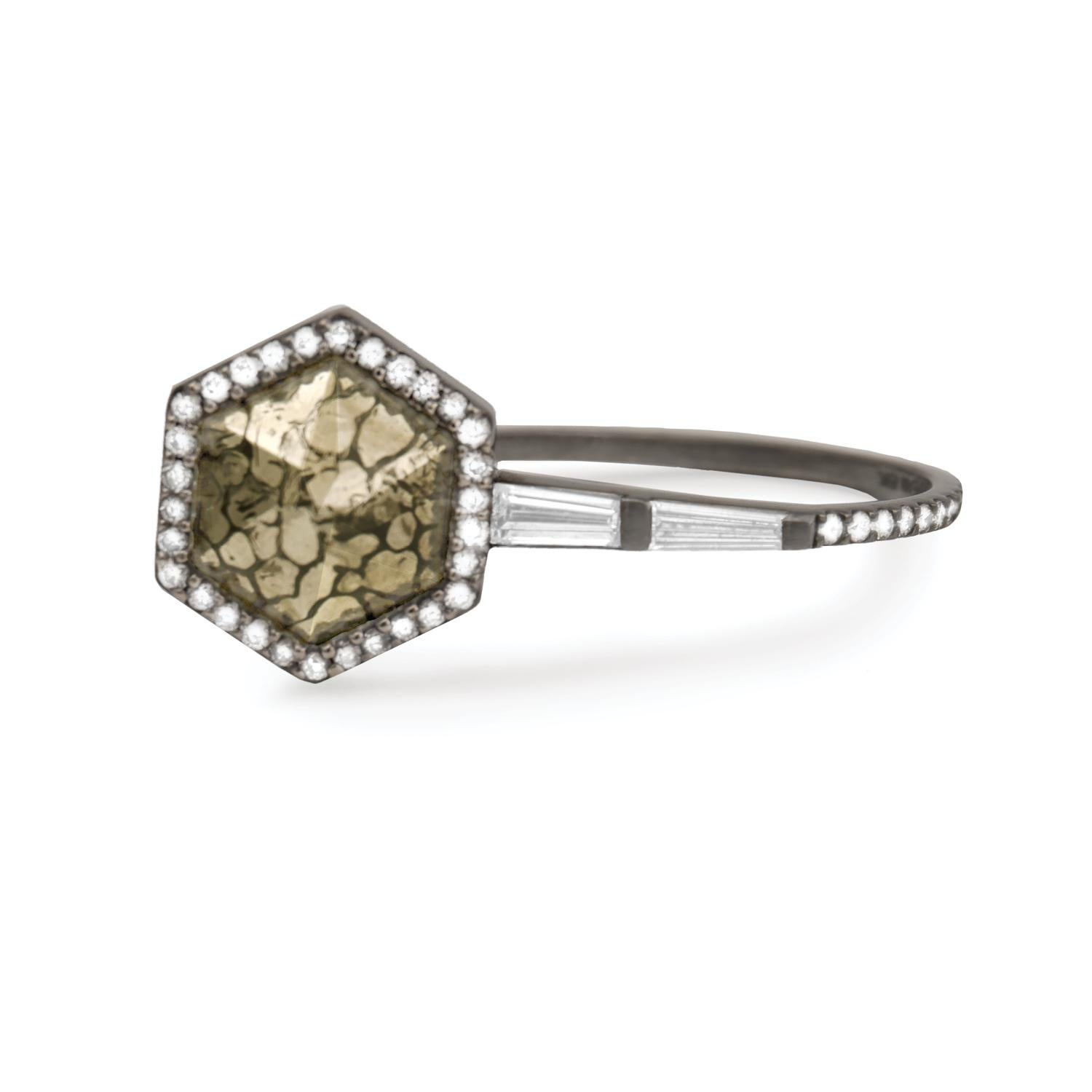 Pyritized dinosaur bone hexagonal ring with white diamond baguettes and white diamond pavé, 18 carat recycled oxidized white gold, 0.31 TCW  - One-of-a-kind

Inspired by Péan's travels to Naoshima Island, Japan, this ring features a hexagonal
